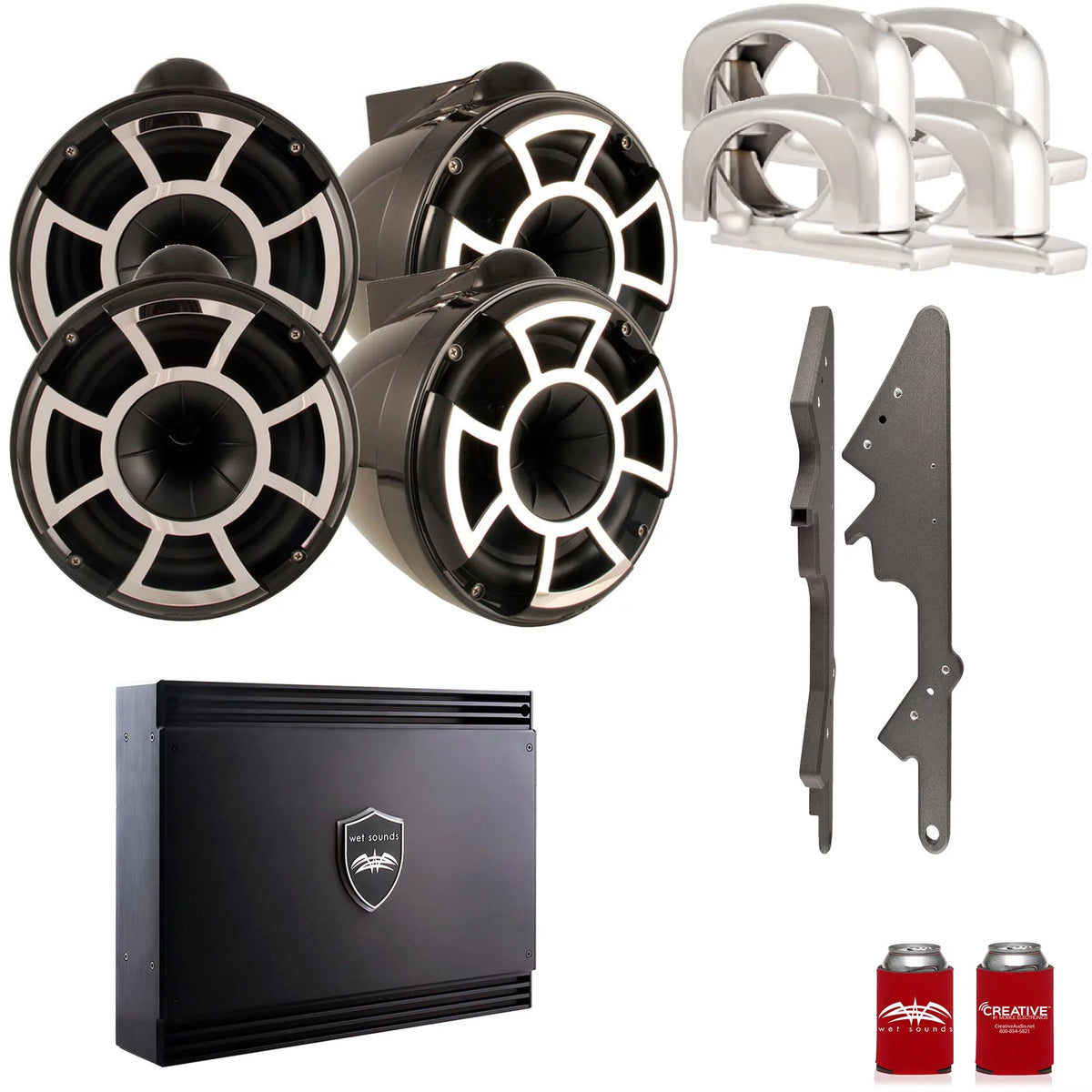 Wet Sounds For Malibu G3: Two Pairs of REV10B-SC 10" Black Swivel Tower Speakers with G3 Adapters & SDX2 Amplifier