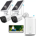 {100% Wire-Free Solar Powered} 2pcs camera system; 2-Way Audio with Dual Antennas; 2K 3.0MP Solar Powered Wireless Camera with Rechargeable Batteries