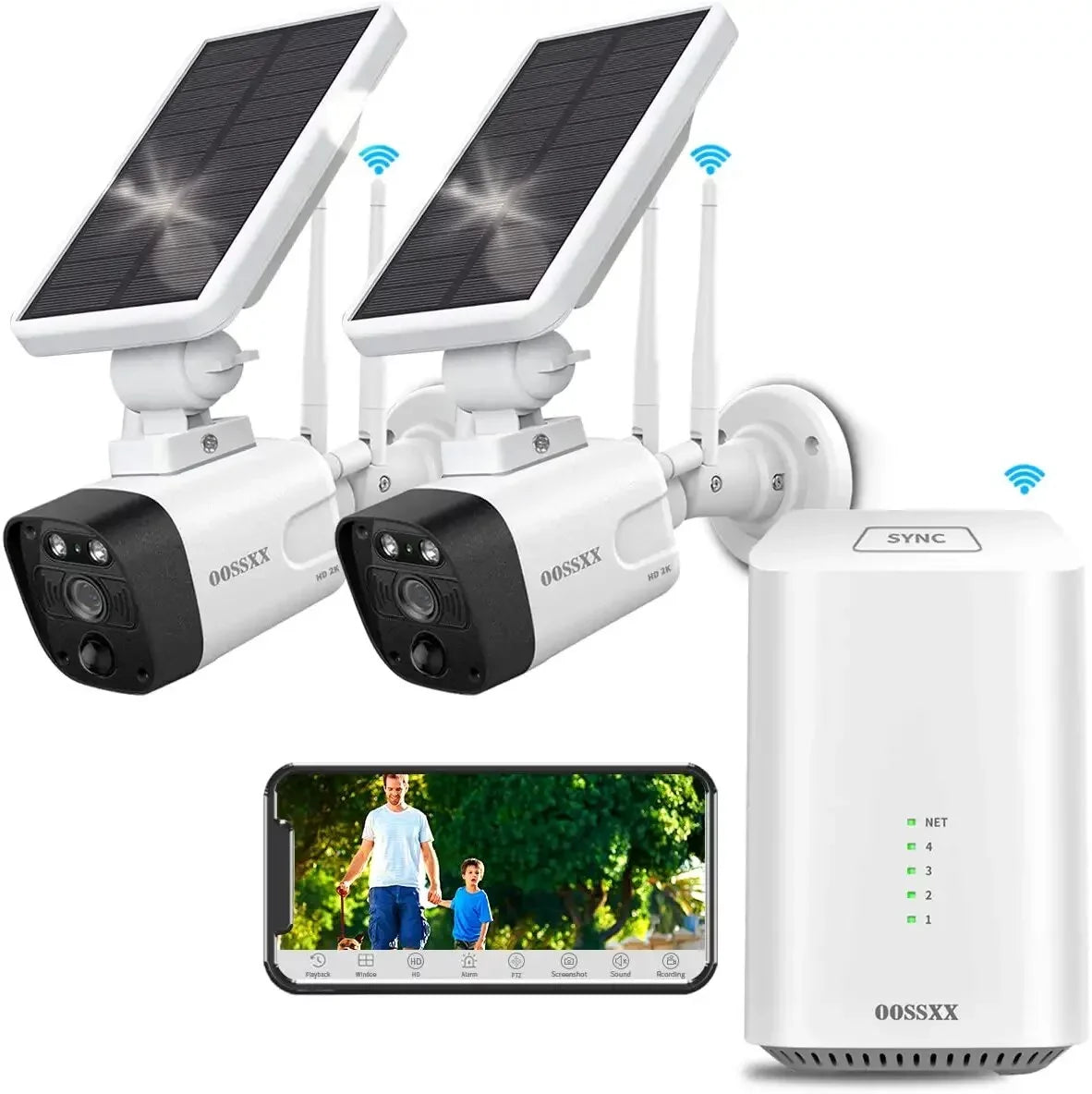{100% Wire-Free Solar Powered} 2pcs camera system; 2-Way Audio with Dual Antennas; 2K 3.0MP Solar Powered Wireless Camera with Rechargeable Batteries