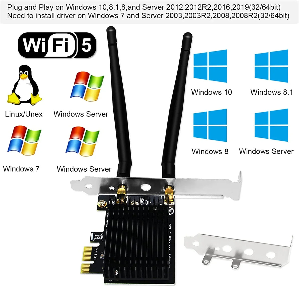 Wireless AC Dual Band 1200Mbps 2.4Speed 300Mbps 5Speed 867Mbps PCI Express WiFi Card for Windows 7 8 8.1 10 Server (32/64bit) Desktop PCs-TX Beamformee;MU-MIMO and Heatsink Technology
