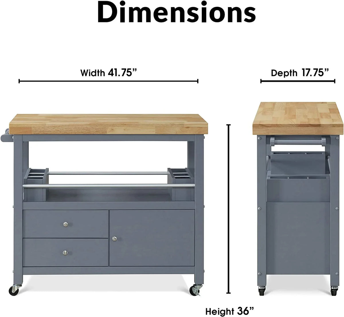 Anson Kitchen Island Bar Cart With Storage; Butcher Block Table; Rolling Wheels And Portable Cabinet Organization For Home Apartment ; Gray