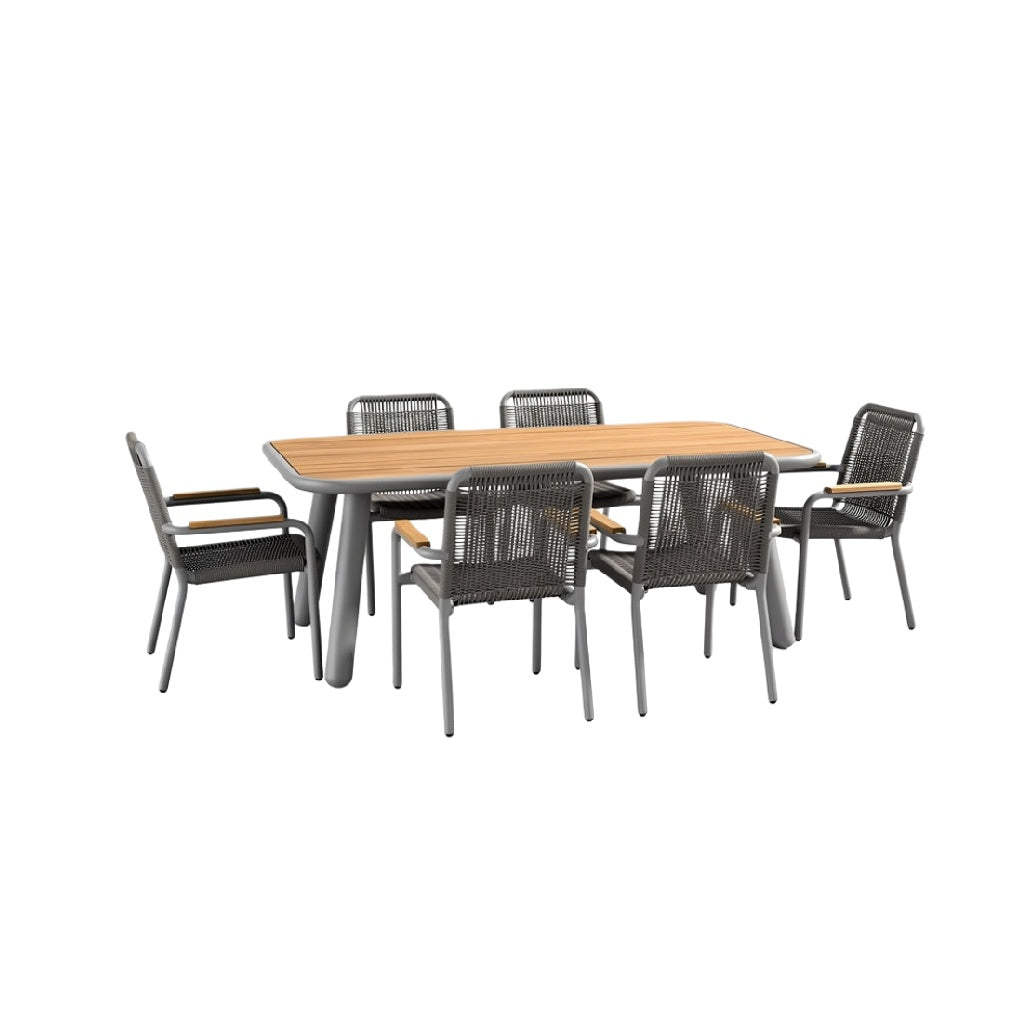 Technische Titel: "Moderne Tuinset van Hout en Aluminium met Zes Stoelen"