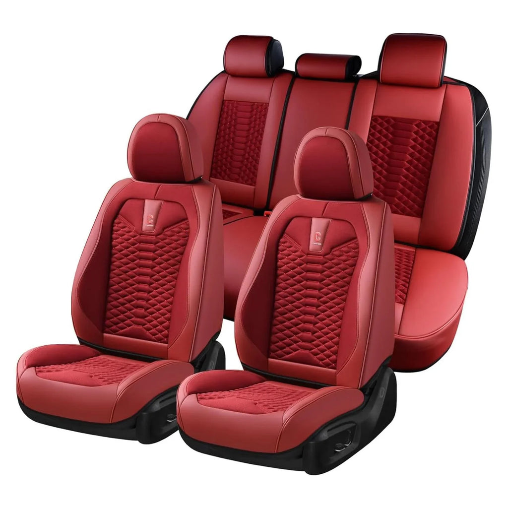 Coverado Red Car Seat Covers for Women; 5 Seats Leather & Fabric Full Set Front Back Auto Seat Protectors; Breathable Car Interior Universal Fit Most Sedans SUV Pickup Trucks