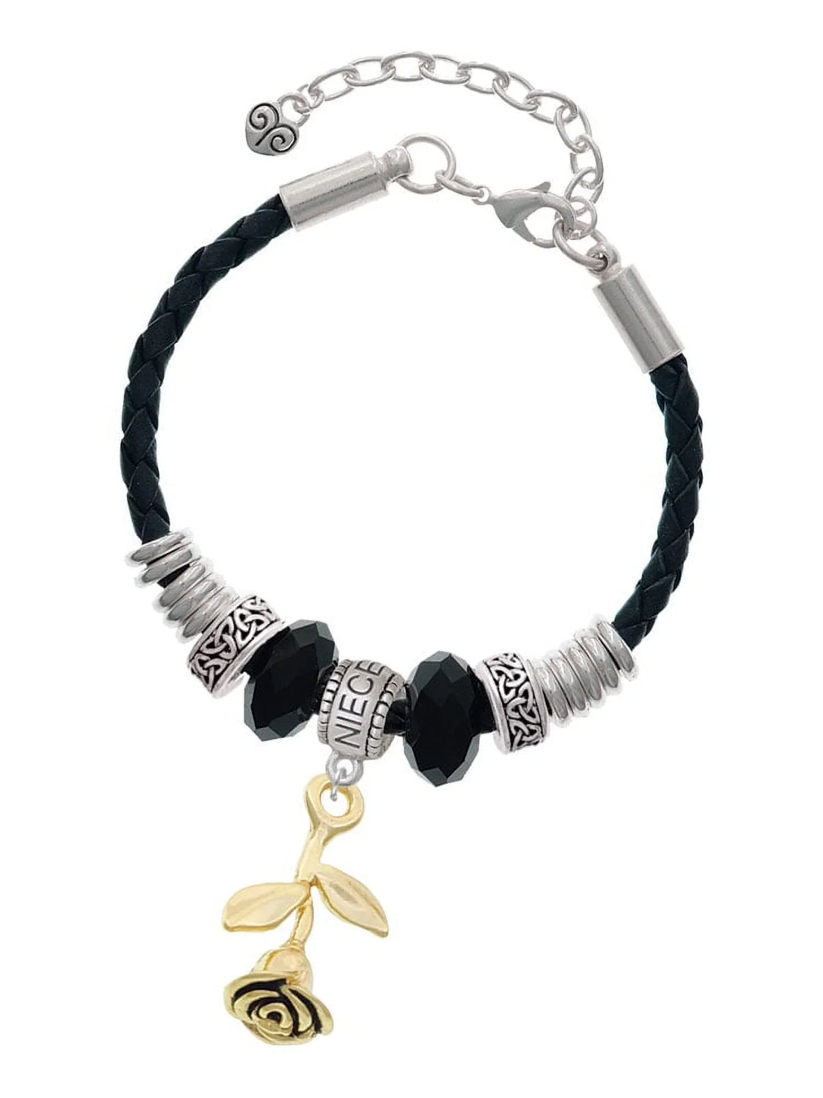 Delight Jewelry Goldtone Stemmed Rose Niece Celtic Knot Leather Bead Bracelet; 7"+2" Extender