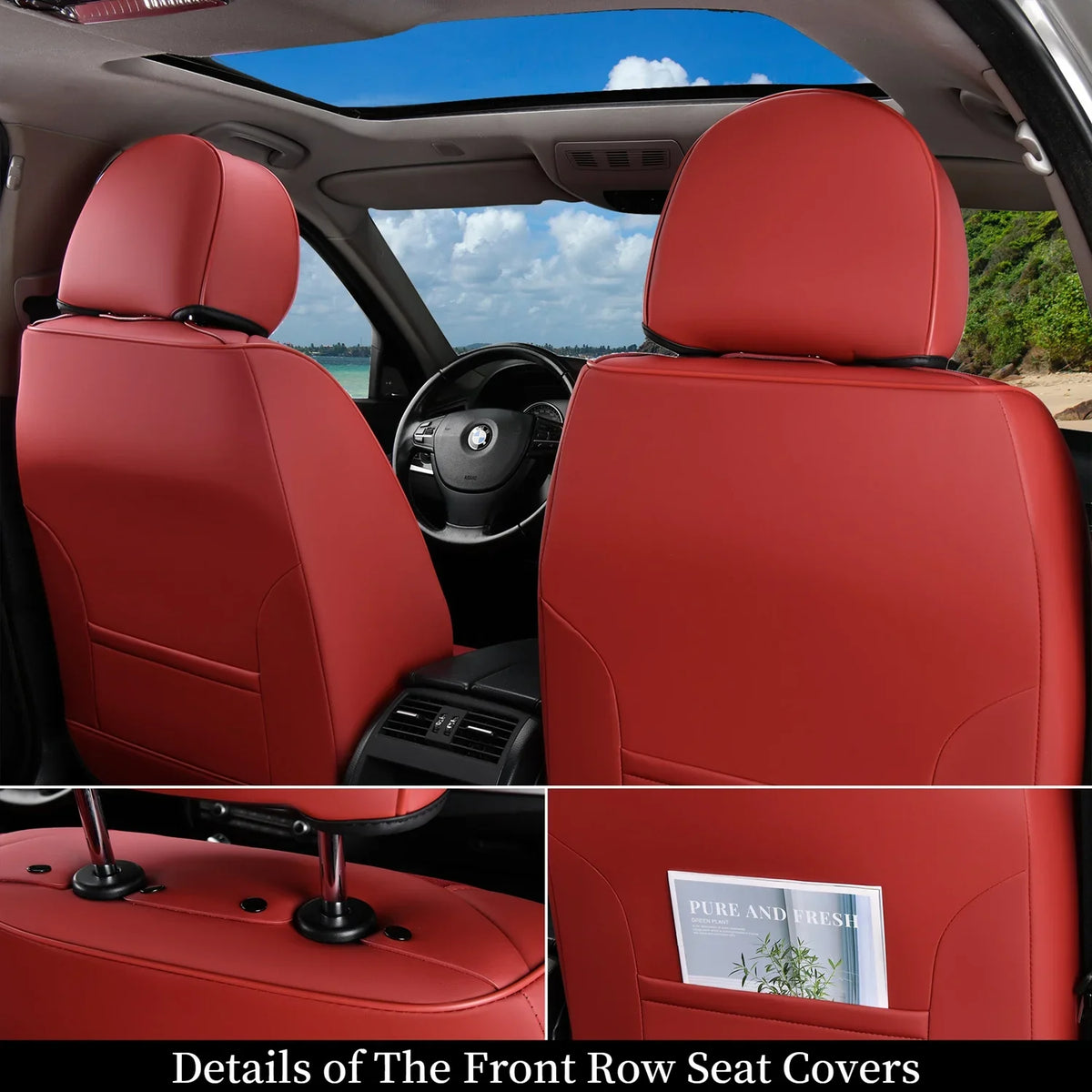Coverado Red Car Seat Covers for Women; 5 Seats Leather & Fabric Full Set Front Back Auto Seat Protectors; Breathable Car Interior Universal Fit Most Sedans SUV Pickup Trucks
