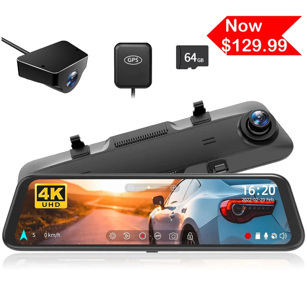 WOLFBOX 12'' Rear View Mirror Dash Cam; 4K Front and 1080P Rear Car Dash Cameras with Super Night Vision; Vehicle; Free 64GB Card & GPS; USB C Port