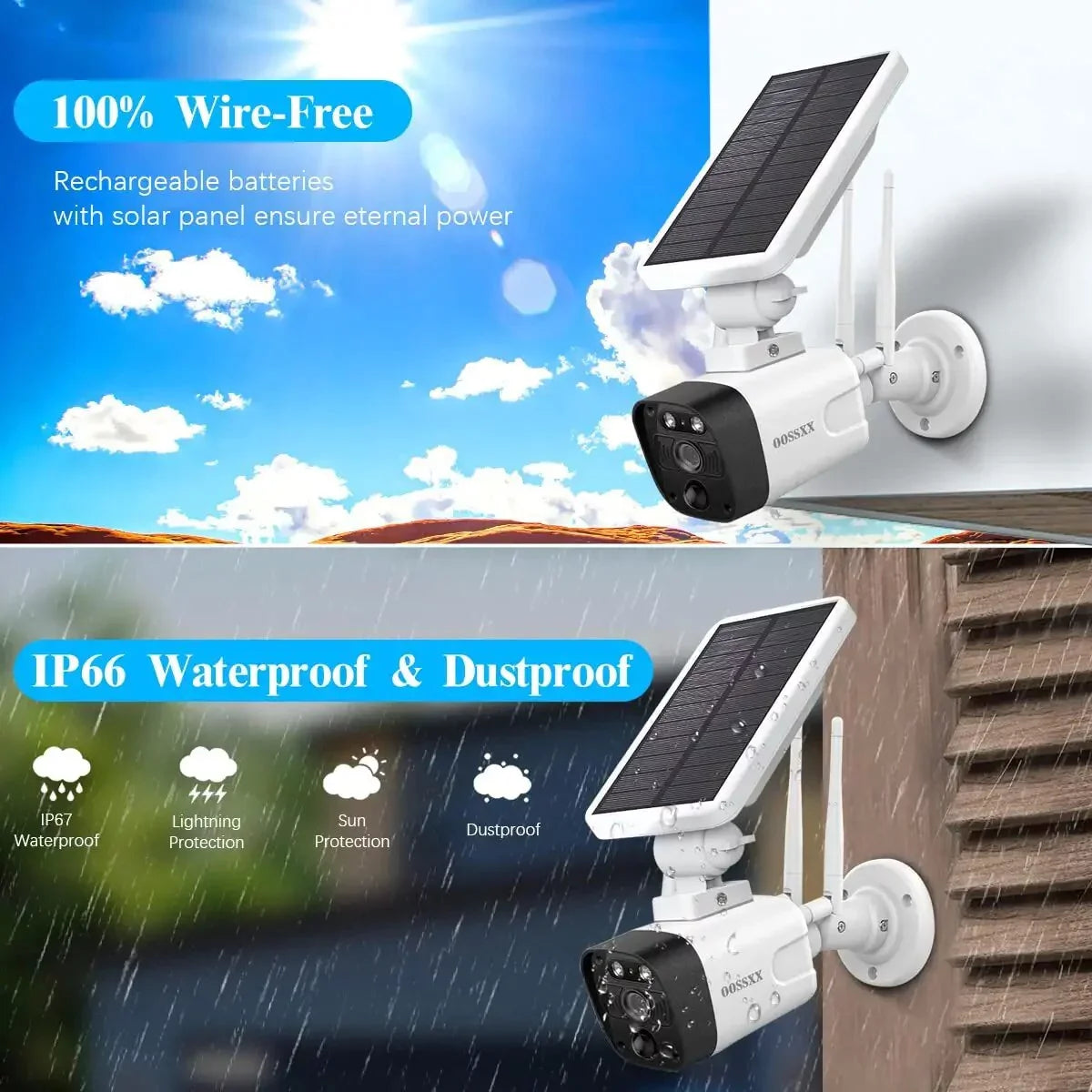 {100% Wire-Free Solar Powered} 2pcs camera system; 2-Way Audio with Dual Antennas; 2K 3.0MP Solar Powered Wireless Camera with Rechargeable Batteries