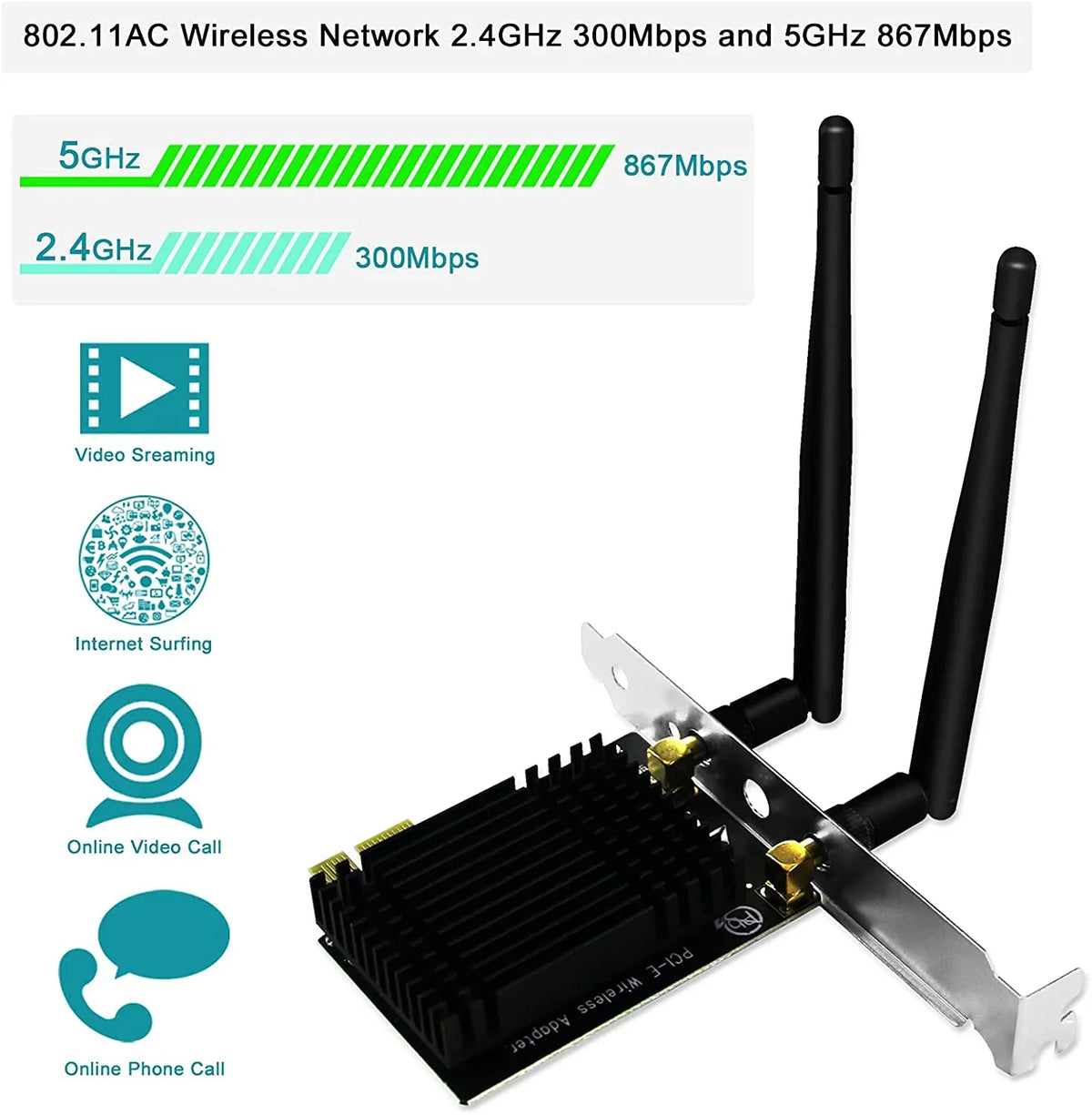 Wireless AC Dual Band 1200Mbps 2.4Speed 300Mbps 5Speed 867Mbps PCI Express WiFi Card for Windows 7 8 8.1 10 Server (32/64bit) Desktop PCs-TX Beamformee;MU-MIMO and Heatsink Technology