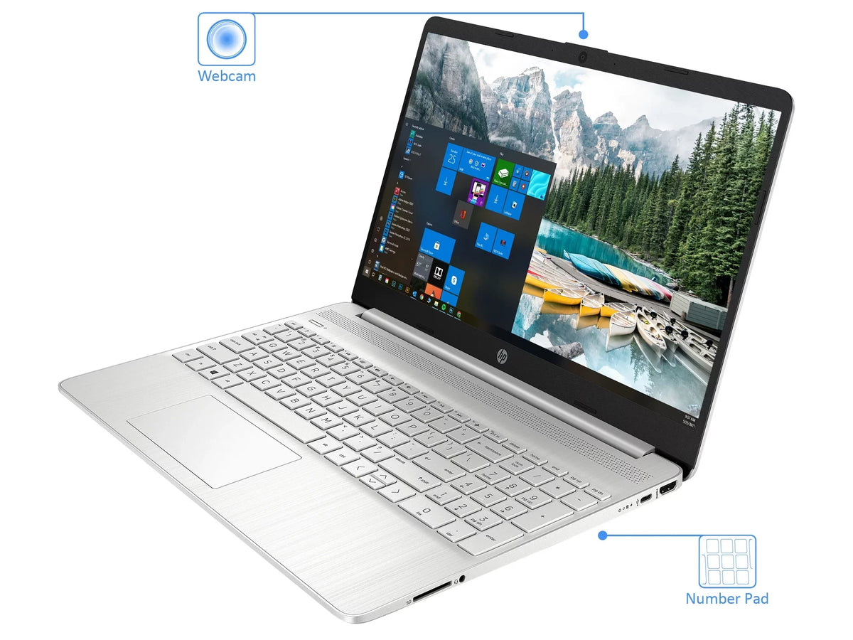 HP 15 Notebook; 15.6" FHD Display; AMD Ryzen 5 5500U Upto 4.0MHz; 32GB RAM; 1TB NVMe Storage; Vega 6; HDMI; Card Reader; Wi-Fi; Bluetooth; Windows 10 Home