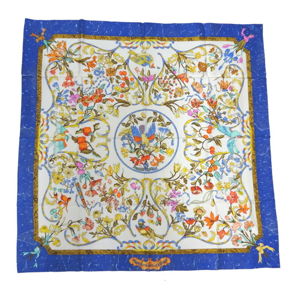Hermes Carre 90 PIERRES D’ ORIENT ET OCCIDENT Oriental stone and Western stonework Women’s Scarf Muffler 100% Silk White/Blue (Like New)