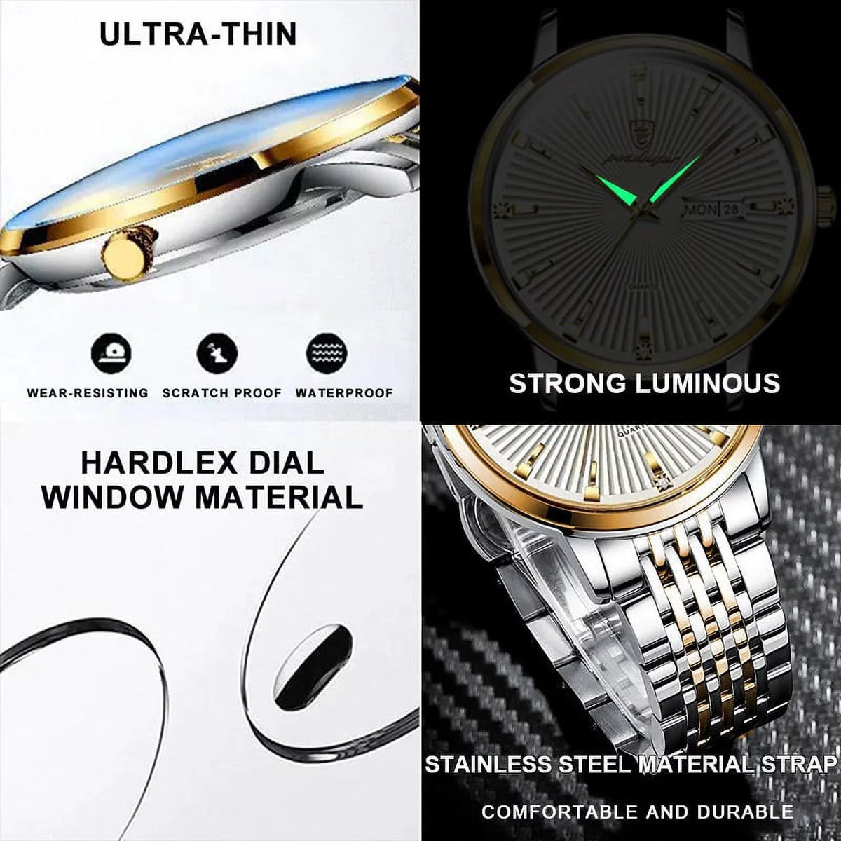 POEDAGAR Luxury Business Men's Watches Ultra Thin Liquidproof Luminous Date&Week Stainless Steel Men Watch Quartz Male Clock Gift