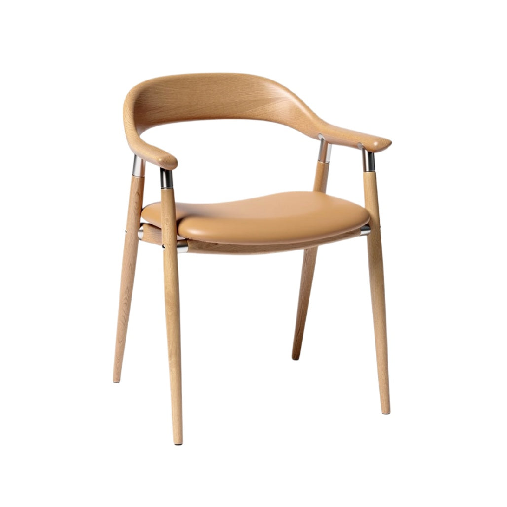 Moderne Houten Stoel met Lederen Zitting en Gebogen Rugleuning
