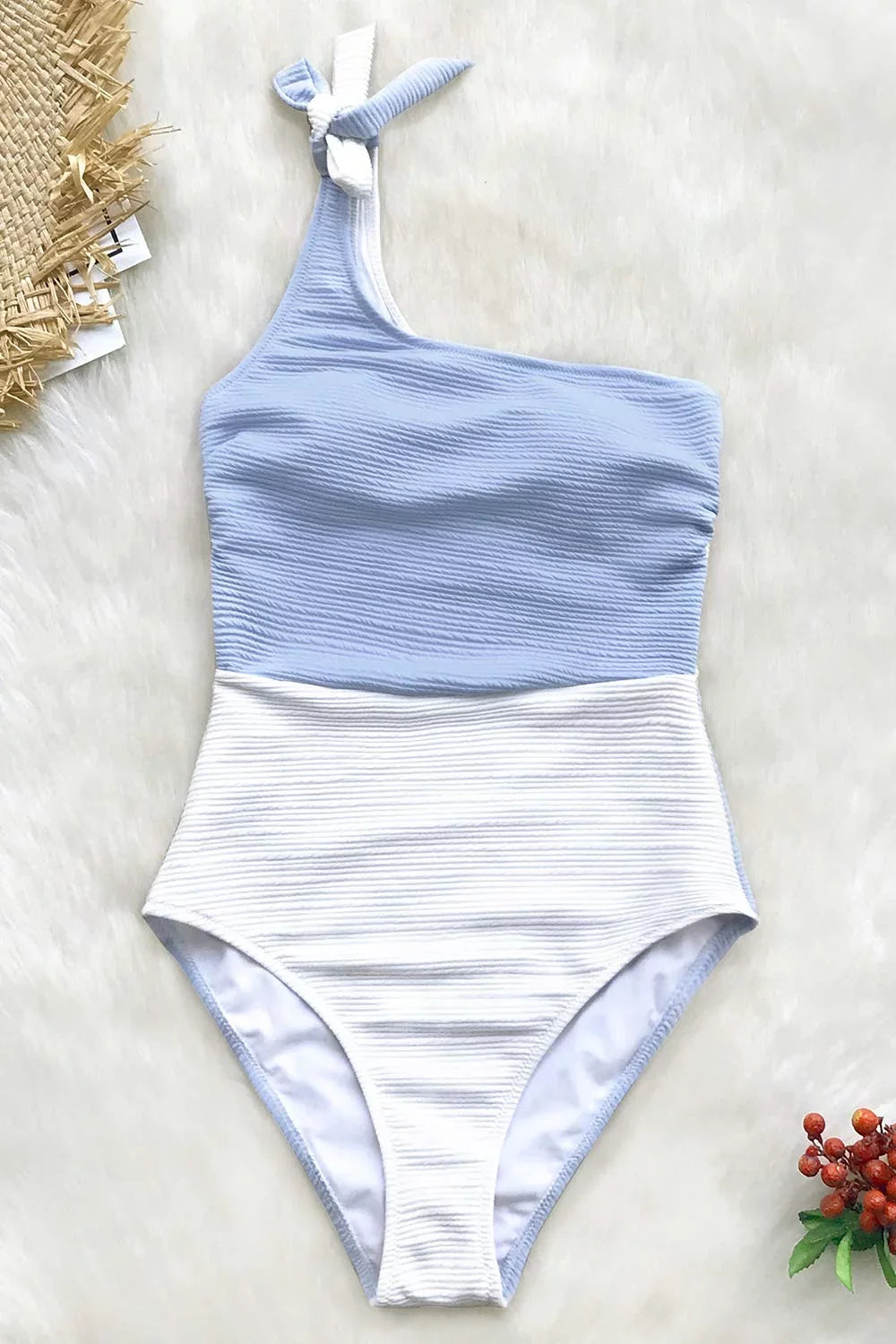Cupshe Women's Blue Color Block One Shoulder Bowknot Tie One-Piece Swimsuit; XL