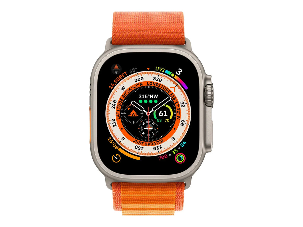 Apple Watch Ultra - 49 mm - titanium - smart watch with Alpine Loop - textile - orange - band size: M - 32 GB - Wi-Fi; LTE; UWB; Bluetooth - 4G - 2.16 oz