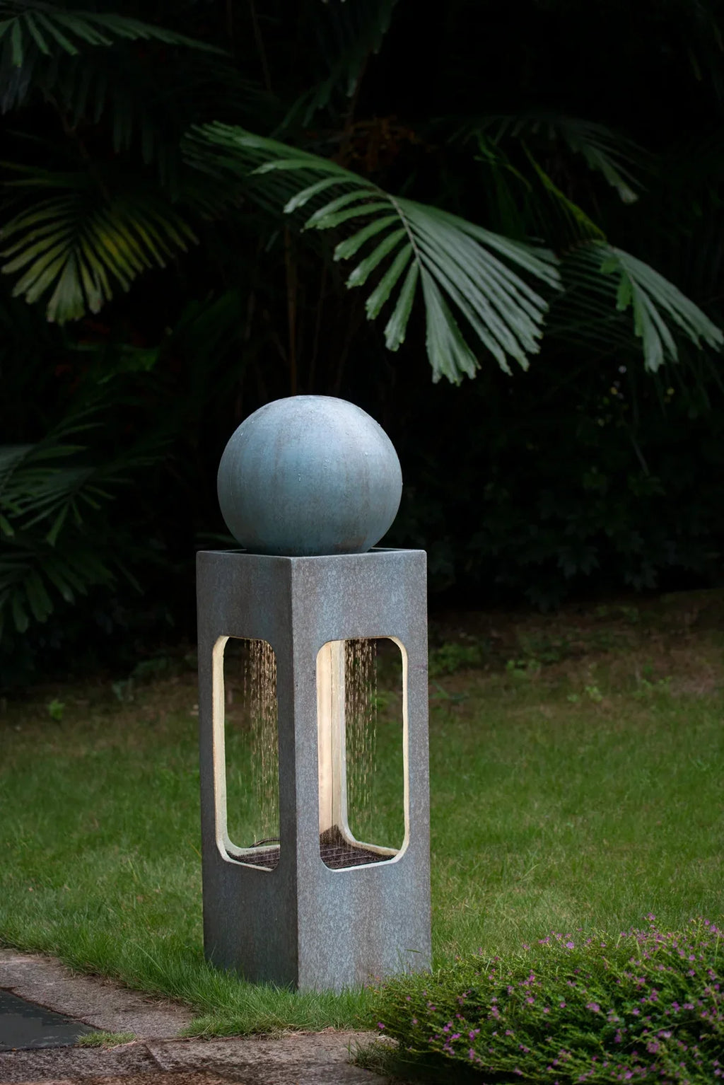 CoSoTower 13X13X44" Tall Contemporary Sphere Outdoor Fountain; Cement/Concrete Outdoor Fountain; Antique Blue Raindrop Feature with Light for Garden; Lawn; Deck & Patio