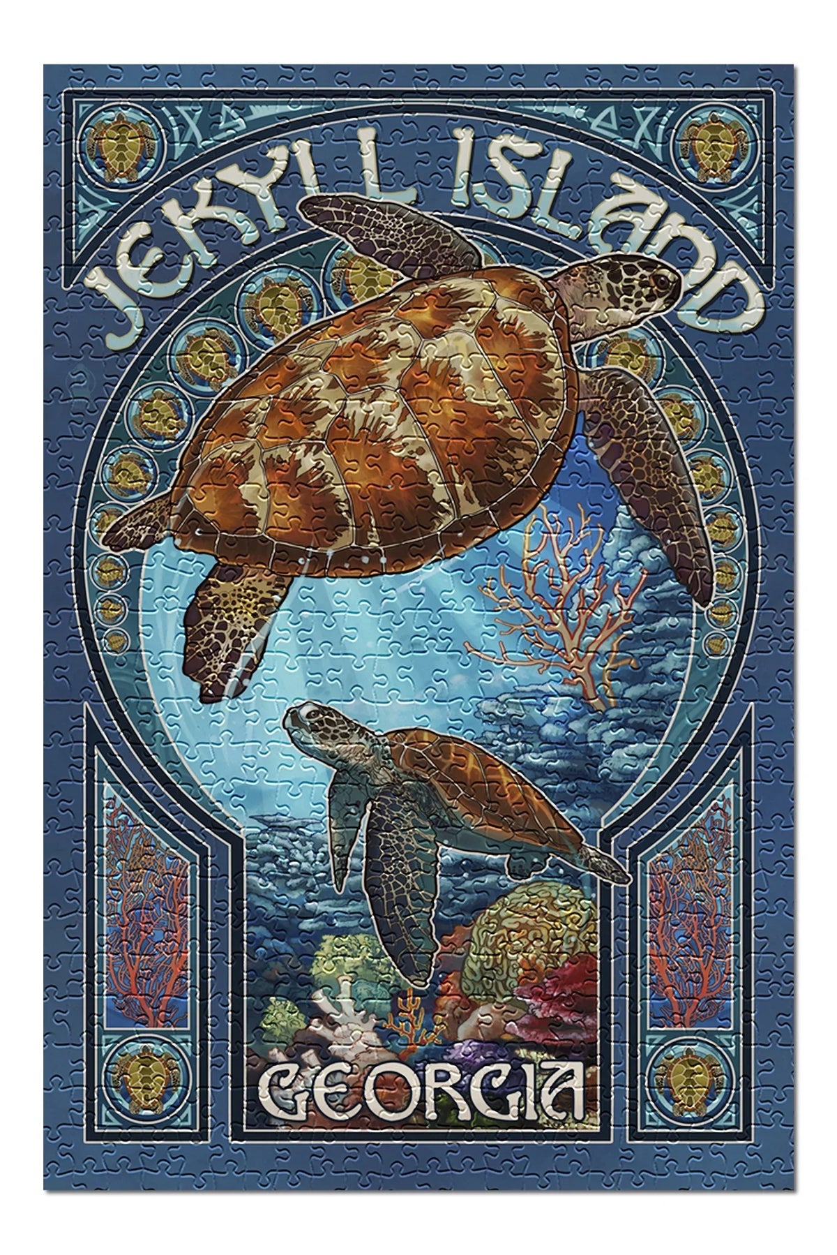 Jekyll Island; Georgia; Sea Turtle Art Nouveau (19x27 inches; Premium 500 Piece Jigsaw Puzzle for Adults and Family; Made in USA)