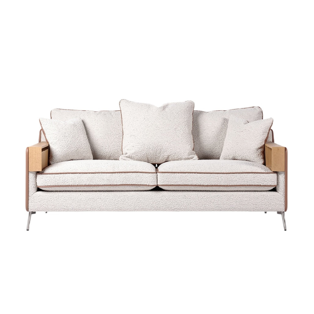 **Moderne Zachte Bank met Houten Armleuningen en Kussens**