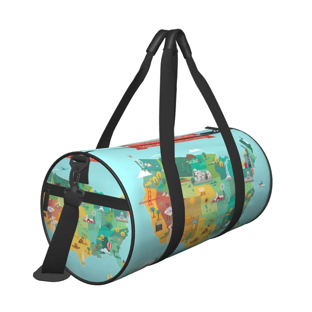 Coaee USA Tourist Map Large Capacity Travel Luggage Bag Cylinder Gym Bag Liquidproof Sports Bag with Pocket and Compartment