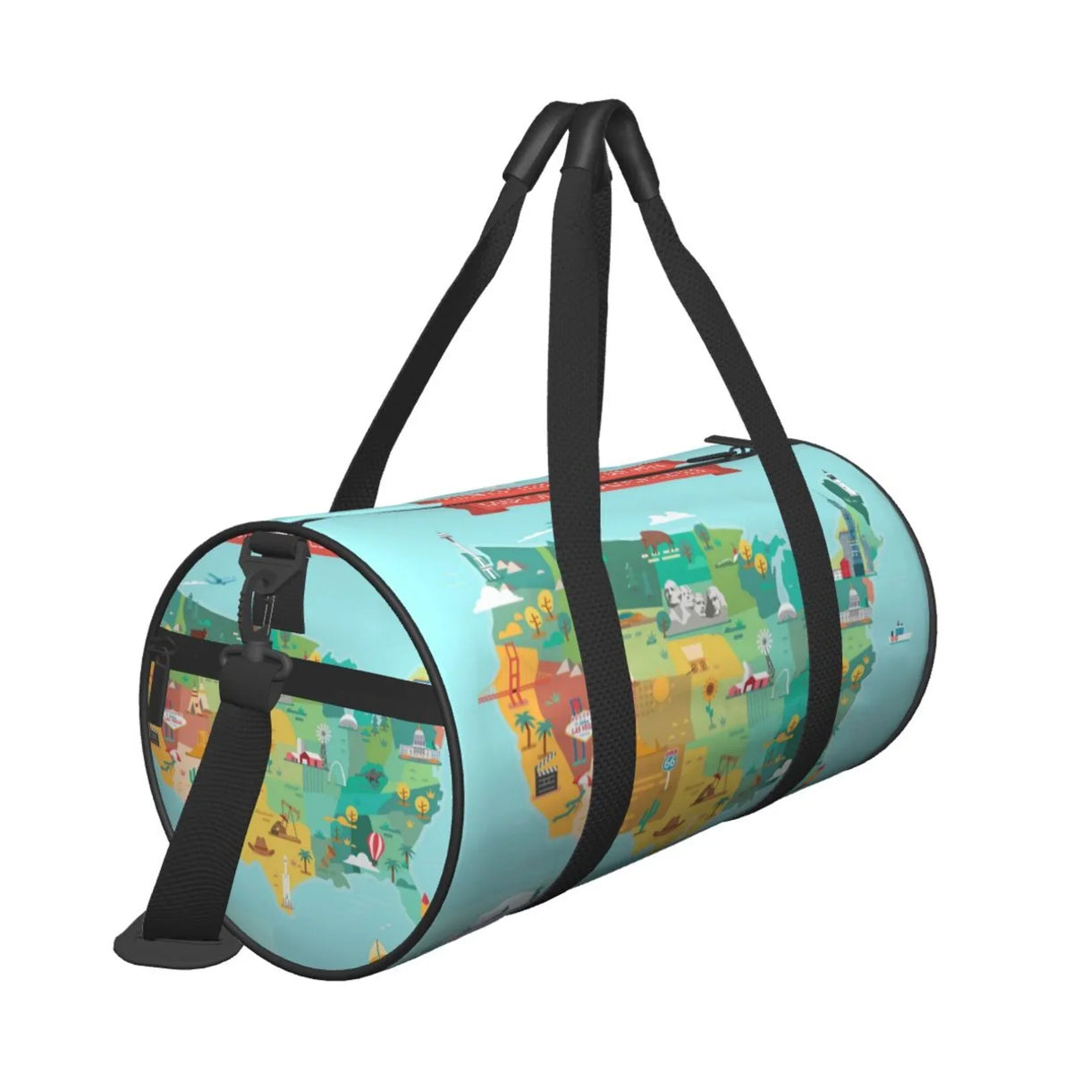 Coaee USA Tourist Map Large Capacity Travel Luggage Bag Cylinder Gym Bag Liquidproof Sports Bag with Pocket and Compartment