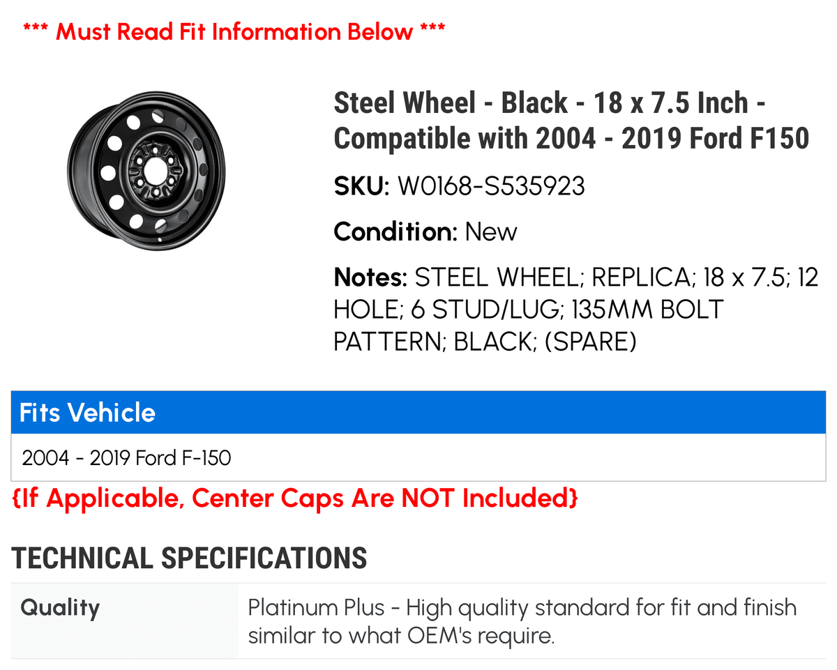 Steel Wheel - Black - 18 x 7.5 cm - Compatible with 2004 - 2019 Ford F150 2005 2006 2007 2008 2009 2010 2011 2012 2013 2014 2015 2016 2017 2018