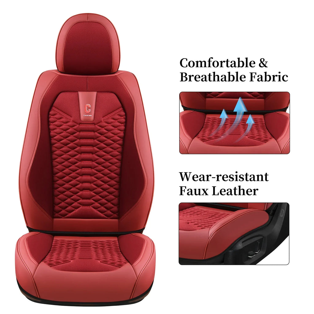 Coverado Red Car Seat Covers for Women; 5 Seats Leather & Fabric Full Set Front Back Auto Seat Protectors; Breathable Car Interior Universal Fit Most Sedans SUV Pickup Trucks
