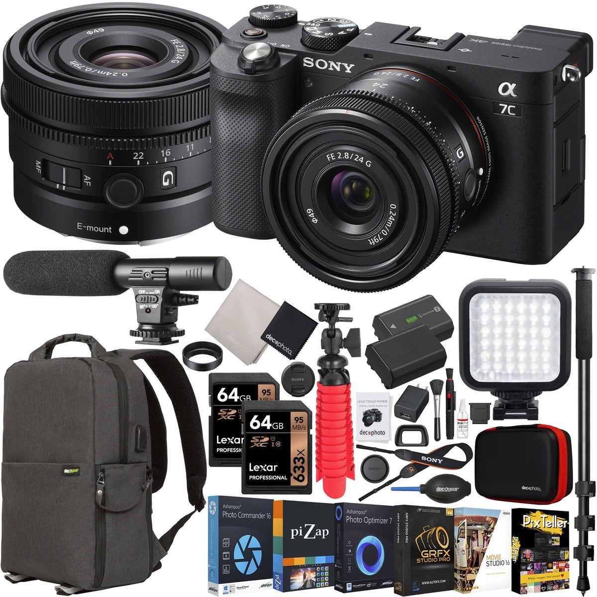 Sony a7C Mirrorless Full Frame Camera Body with Sony FE 24mm F2.8 G Compact Lens SEL24F28G Black ILCE7C/B Bundle with Deco Gear Photography Backpack Case + Microphone + LED + Monopod and Accessories