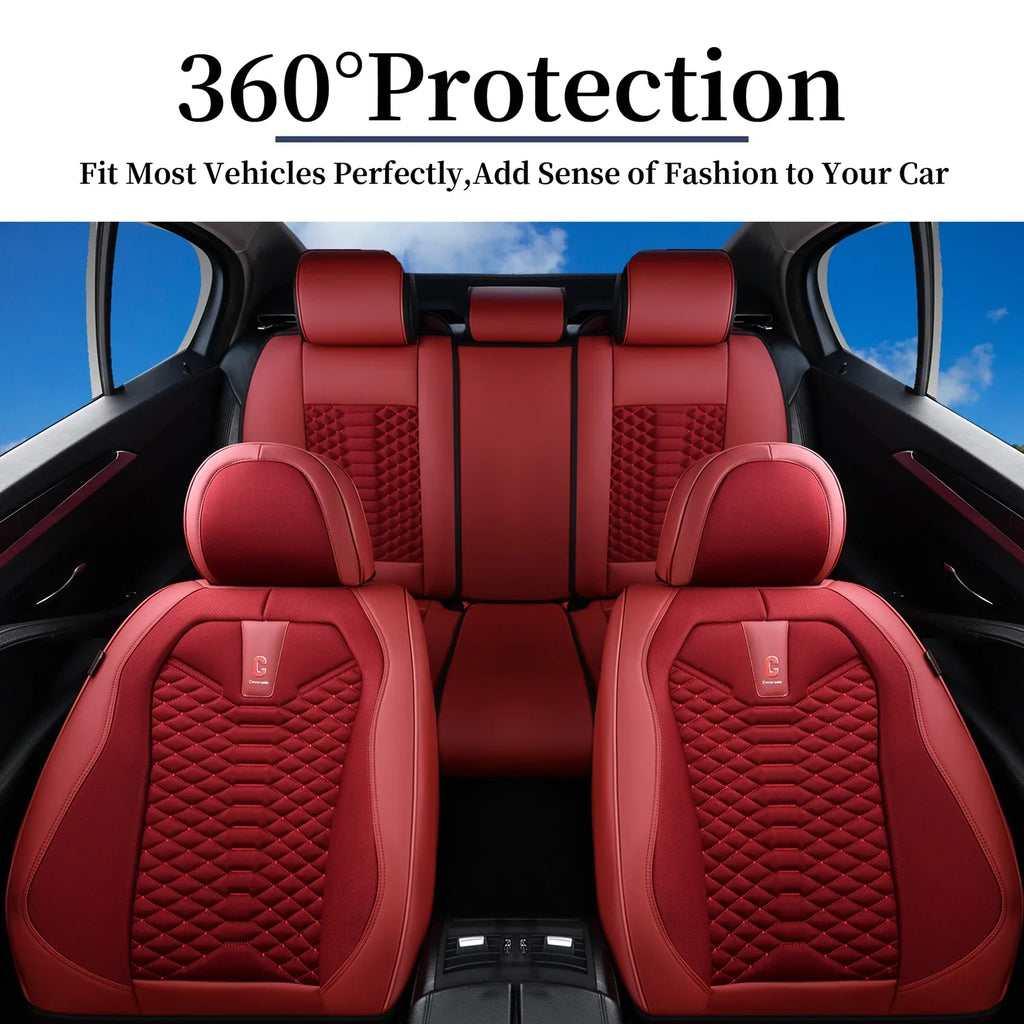 Coverado Red Car Seat Covers for Women; 5 Seats Leather & Fabric Full Set Front Back Auto Seat Protectors; Breathable Car Interior Universal Fit Most Sedans SUV Pickup Trucks