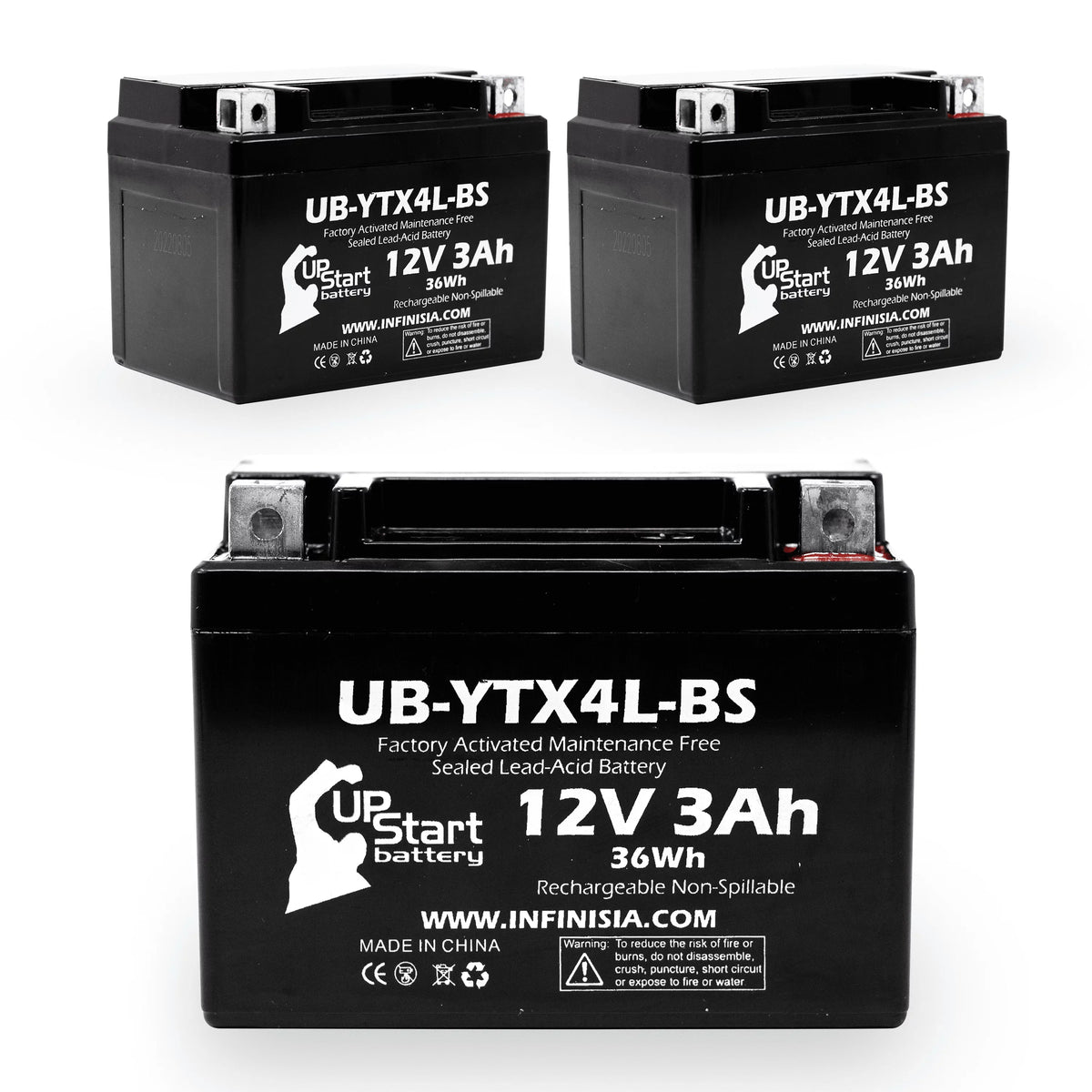 3-Pack UpStart Battery Replacement for 2002 Bombardier (Can-Am) DS90; DS90F; Quest 90CC Factory Activated; Maintenance Free; ATV Battery - 12V; 3Ah; UB-YTX4L-BS