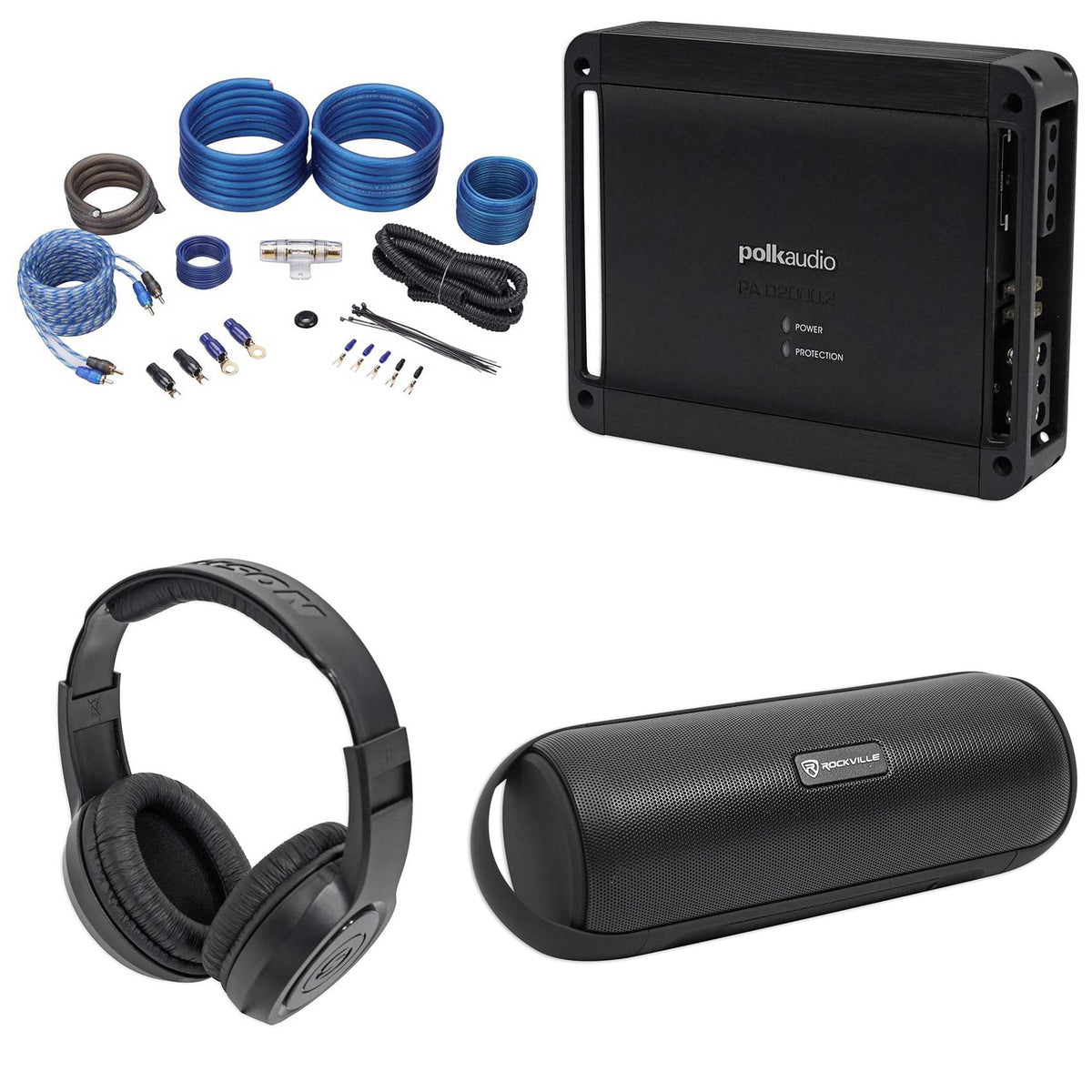 Polk Audio PAD2000.2 2-Channel 500w Amplifier+Wires+Bluetooth Speaker+Headphones