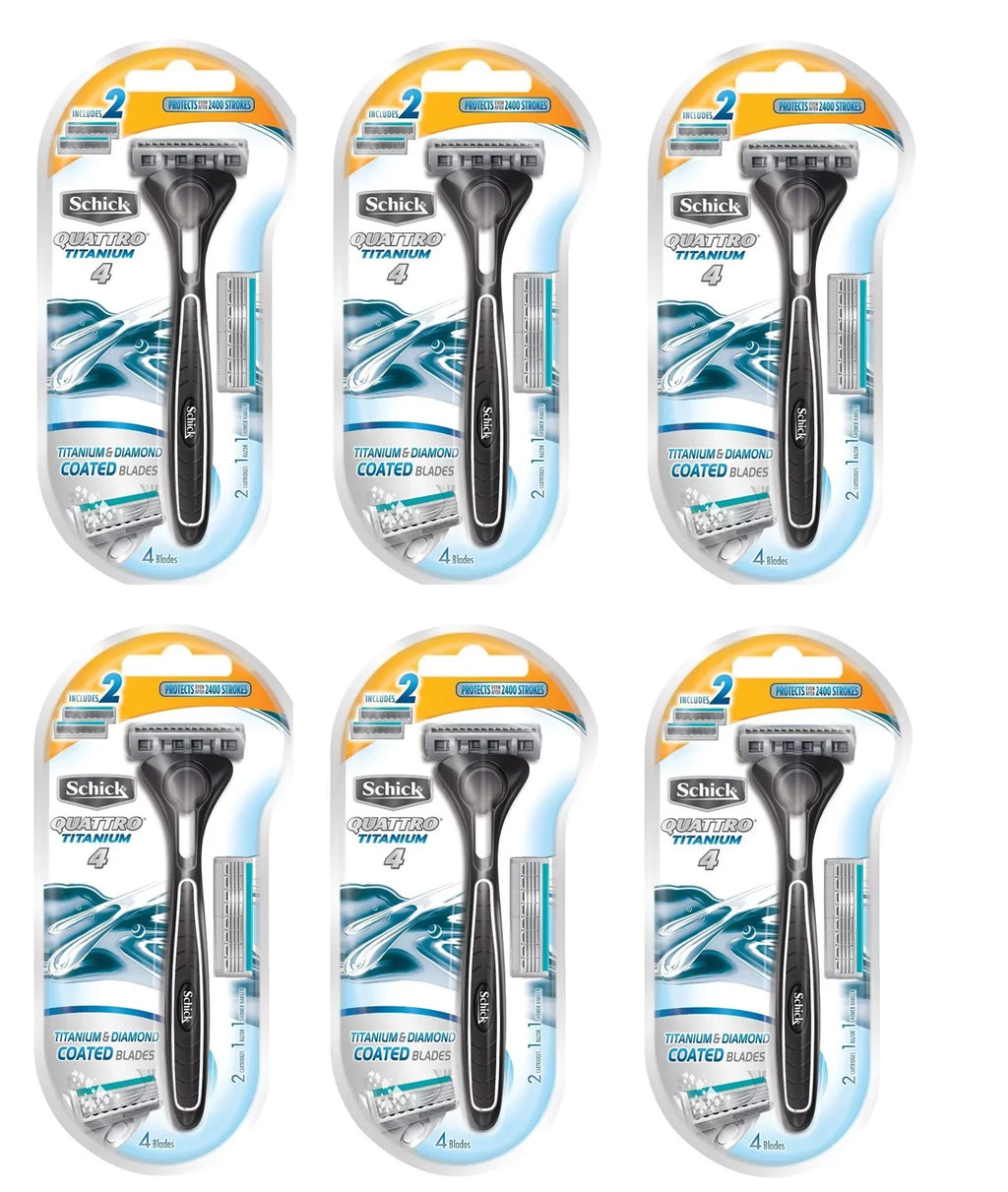 Schick Quattro Razor & Cartridges; Titanium Coated Blades; 1 Razor; 2 Cartridges (Pack of 6) + Schick Slim Twin ST for Sensitive Skin