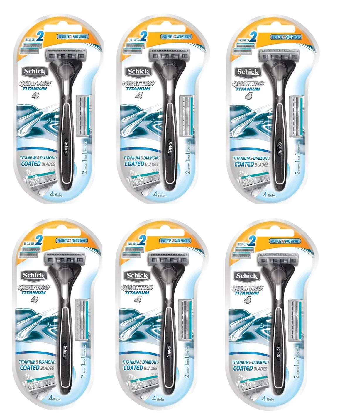 Schick Quattro Razor & Cartridges; Titanium Coated Blades; 1 Razor; 2 Cartridges (Pack of 6) + Schick Slim Twin ST for Sensitive Skin