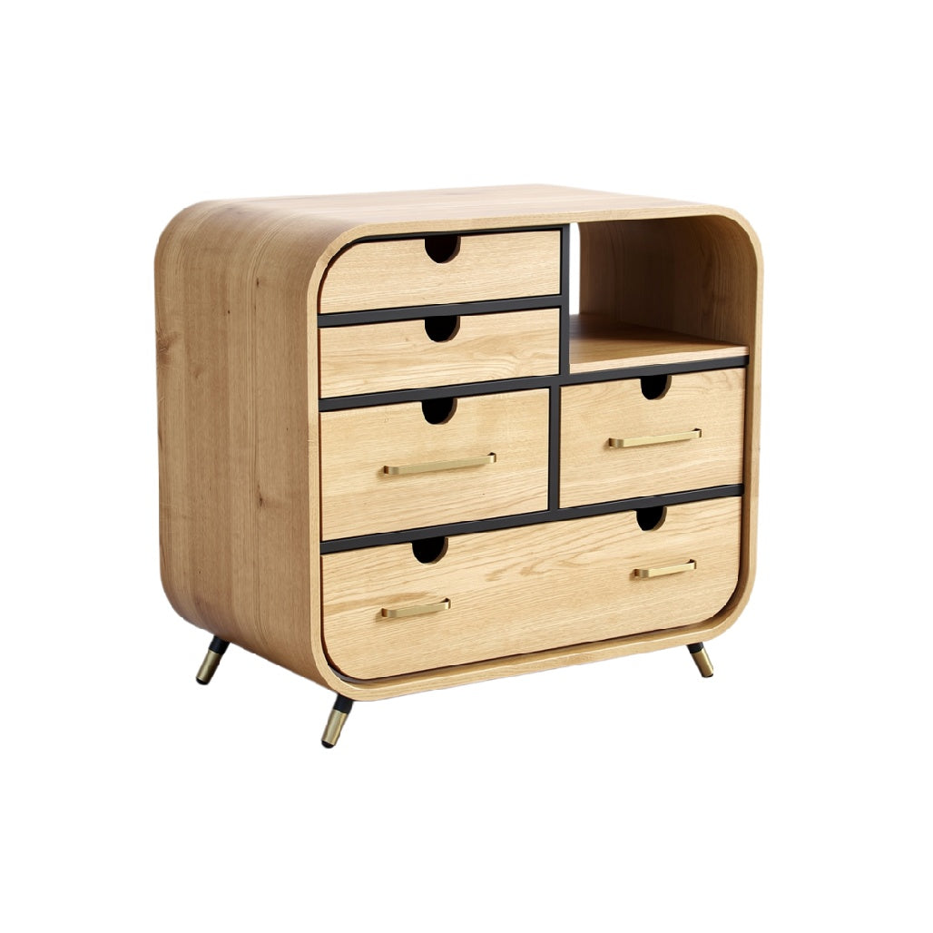 Moderne Ladeskast van Hout met Zwart Accenten en Gouden Handgrepen