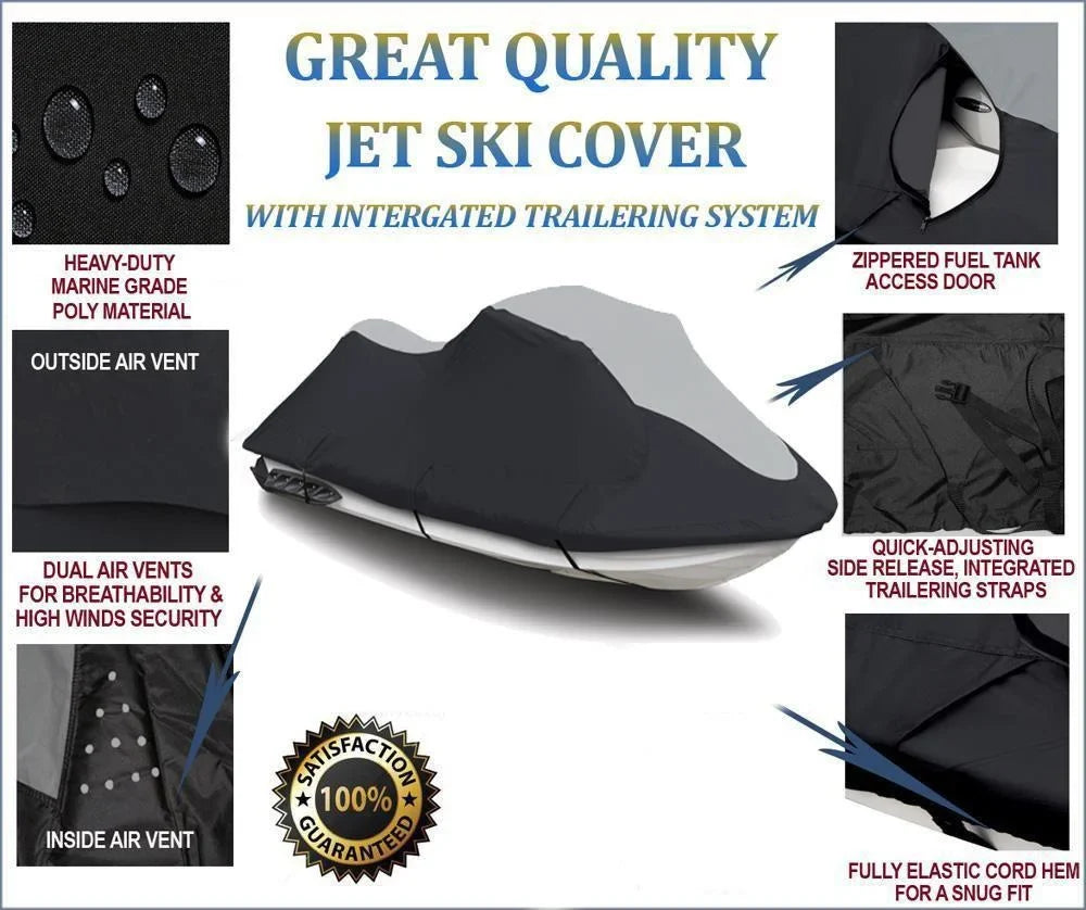 SUPER HEAVY-DUTY PWC JetSki Cover Compatible for Polaris SLX 1995 1996 1997 1998 1999 2000 2001 Jet Ski Trailerable Cover Black/Grey 1-2 Seater