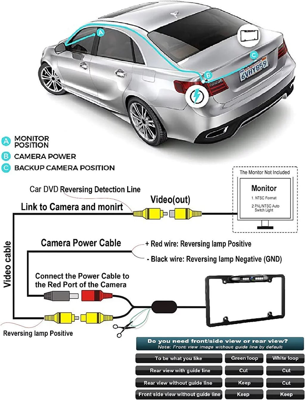 Backup Camera Rearview License Plate Liquidproof for Kenwood DDX-512 DDX512 Black