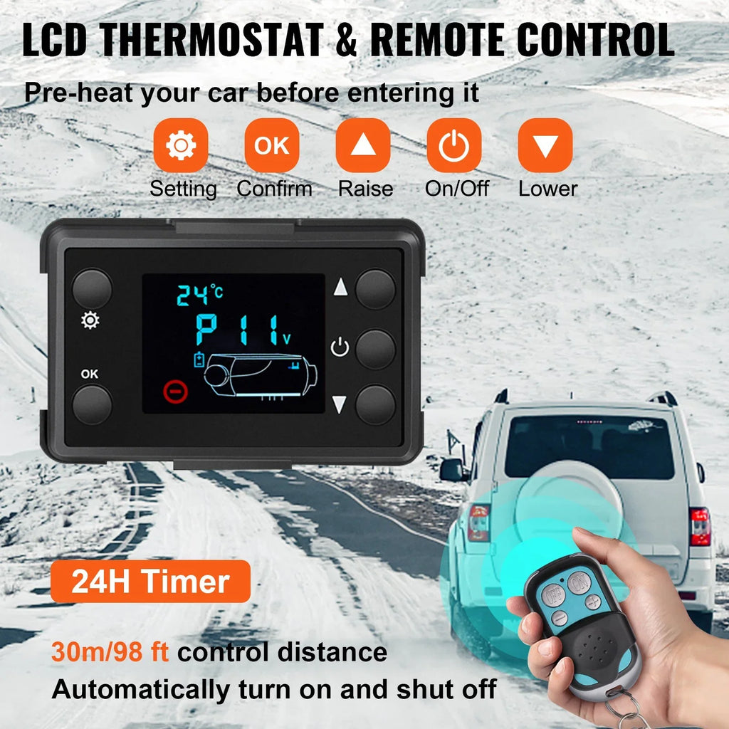 VEVOR Diesel Air Heater; 5KW 12V Parking Heater; Mini Truck Heater; Single Outlet Hole; with Black LCD; Remote Control; Fast Heating Diesel Heater; For RV Truck; Boat; Bus; Car Trailer; Motorhomes