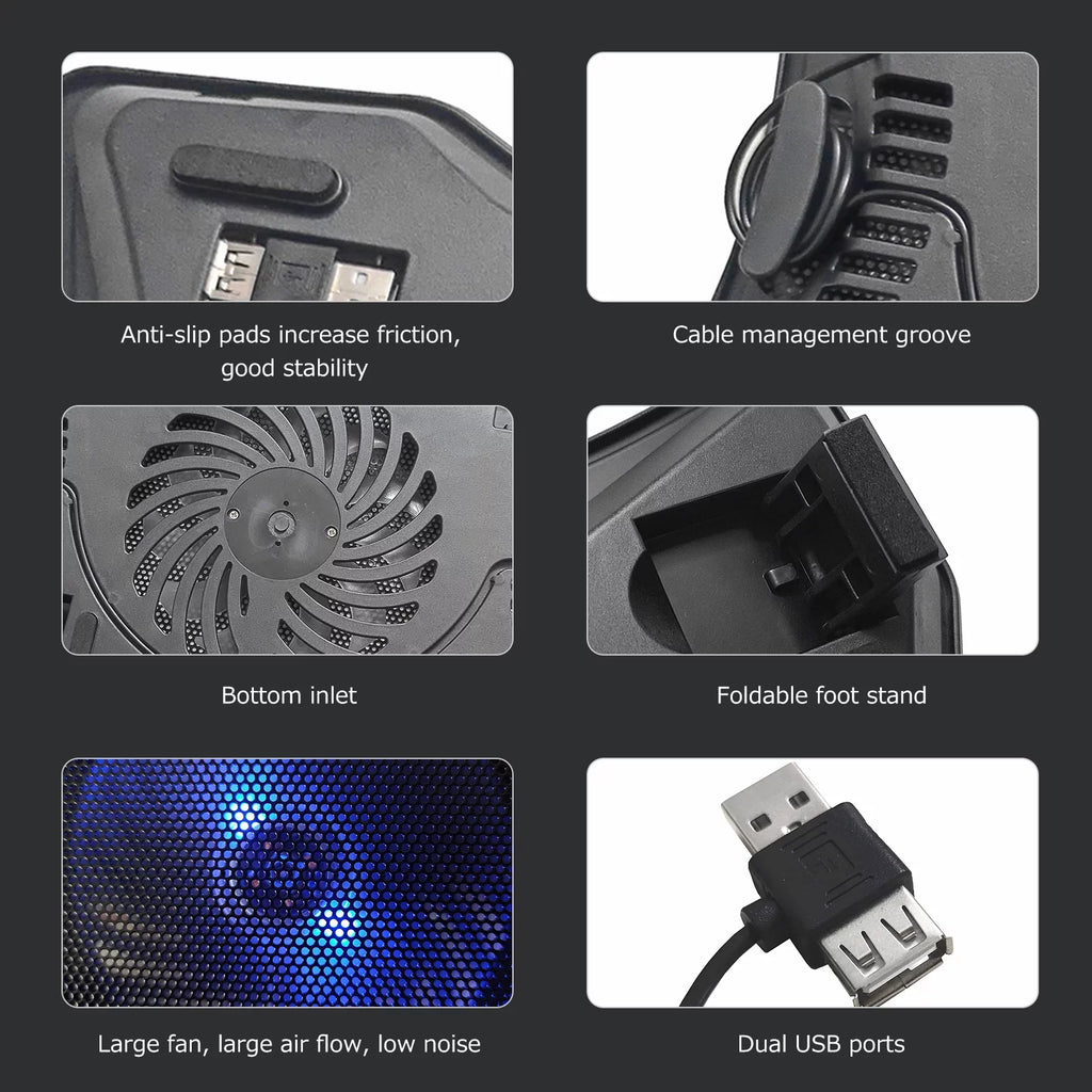 Carevas Portable Computer Cooler Computer Cooling Base Single Fan Design Low Noise Two USB Ports Support Computers Below 14 inch