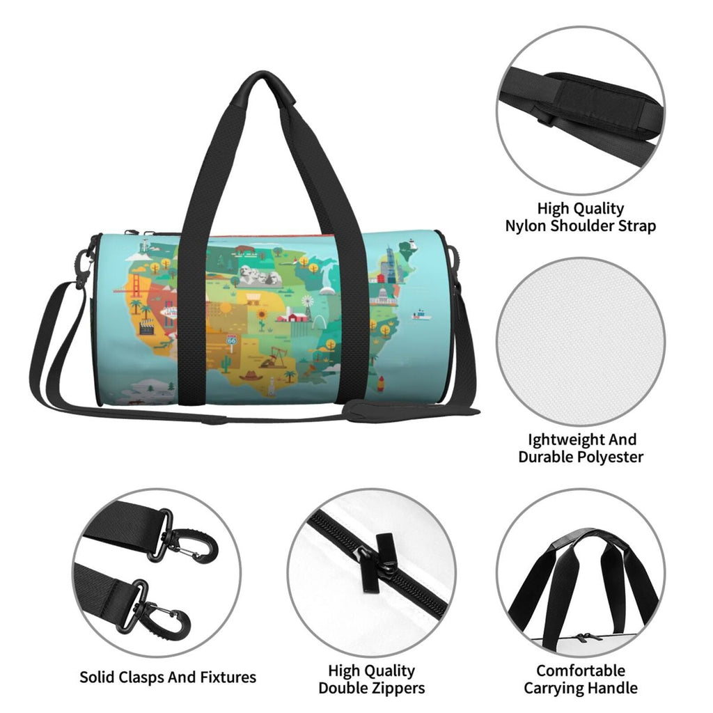 Coaee USA Tourist Map Large Capacity Travel Luggage Bag Cylinder Gym Bag Liquidproof Sports Bag with Pocket and Compartment