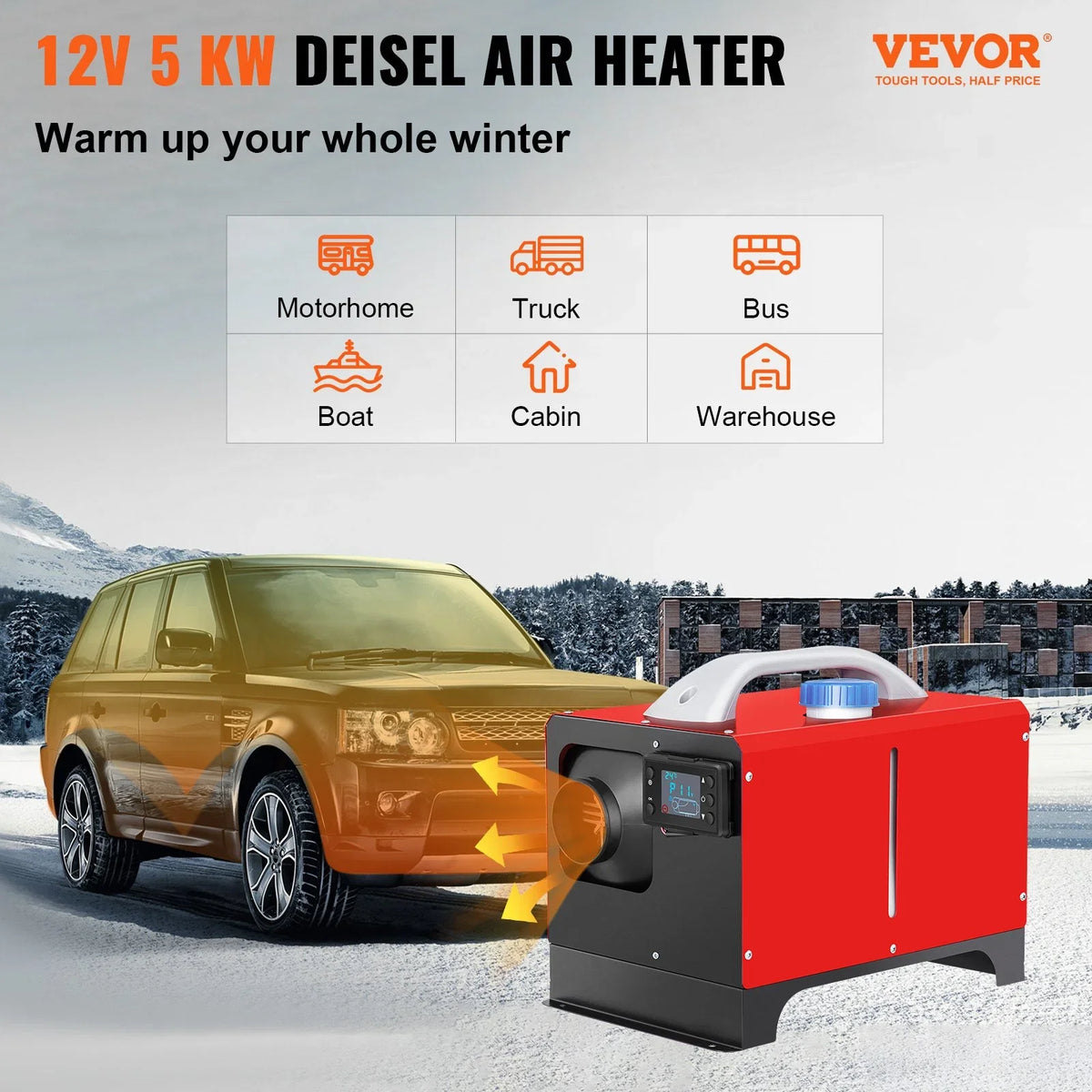 VEVOR Diesel Air Heater; 5KW 12V Parking Heater; Mini Truck Heater; Single Outlet Hole; with Black LCD; Remote Control; Fast Heating Diesel Heater; For RV Truck; Boat; Bus; Car Trailer; Motorhomes