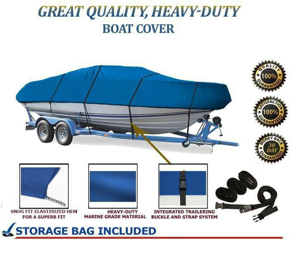 BLUE; GREAT QUALITY BOAT COVER Compatible for Aluminum Bass Boat and V-Hull and Tri-Hull Bowrider 16'-17' Length; Beam width up to 90"