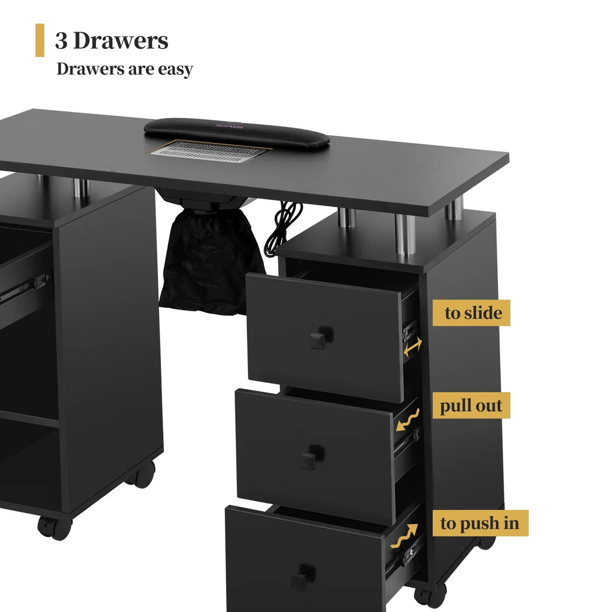 LUXMARS Manicure Table Nail Desk for Technician; Nail Table w/ Electric Dust Collector & Wrist Rest Cushion; Acetone Resistant Nail Table Station w/Lockable Wheels & Drawers & Cabinet - Black