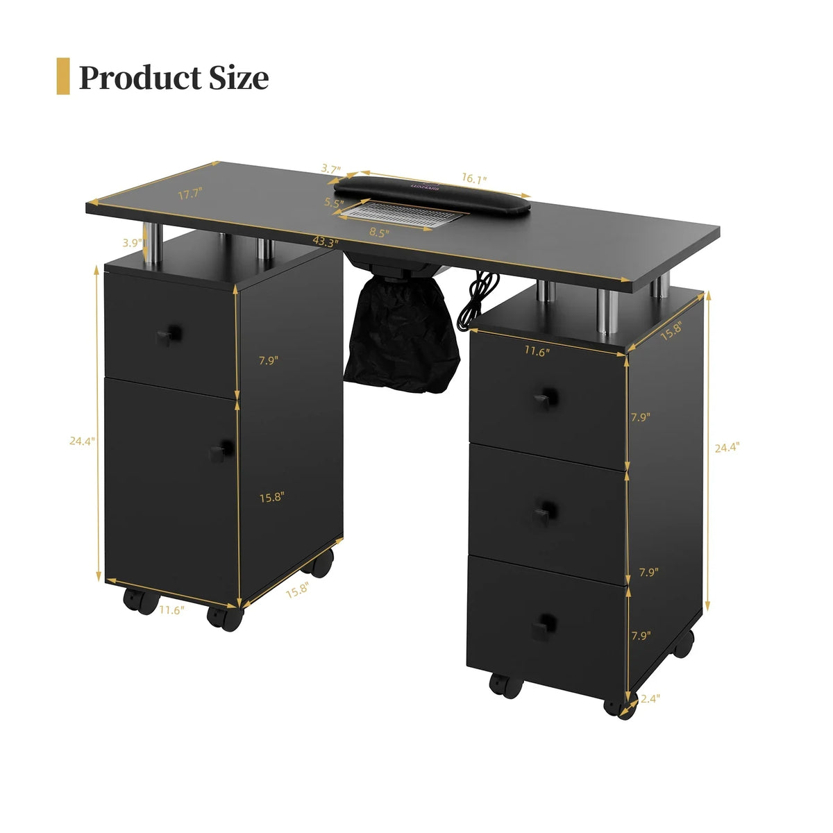 LUXMARS Manicure Table Nail Desk for Technician; Nail Table w/ Electric Dust Collector & Wrist Rest Cushion; Acetone Resistant Nail Table Station w/Lockable Wheels & Drawers & Cabinet - Black