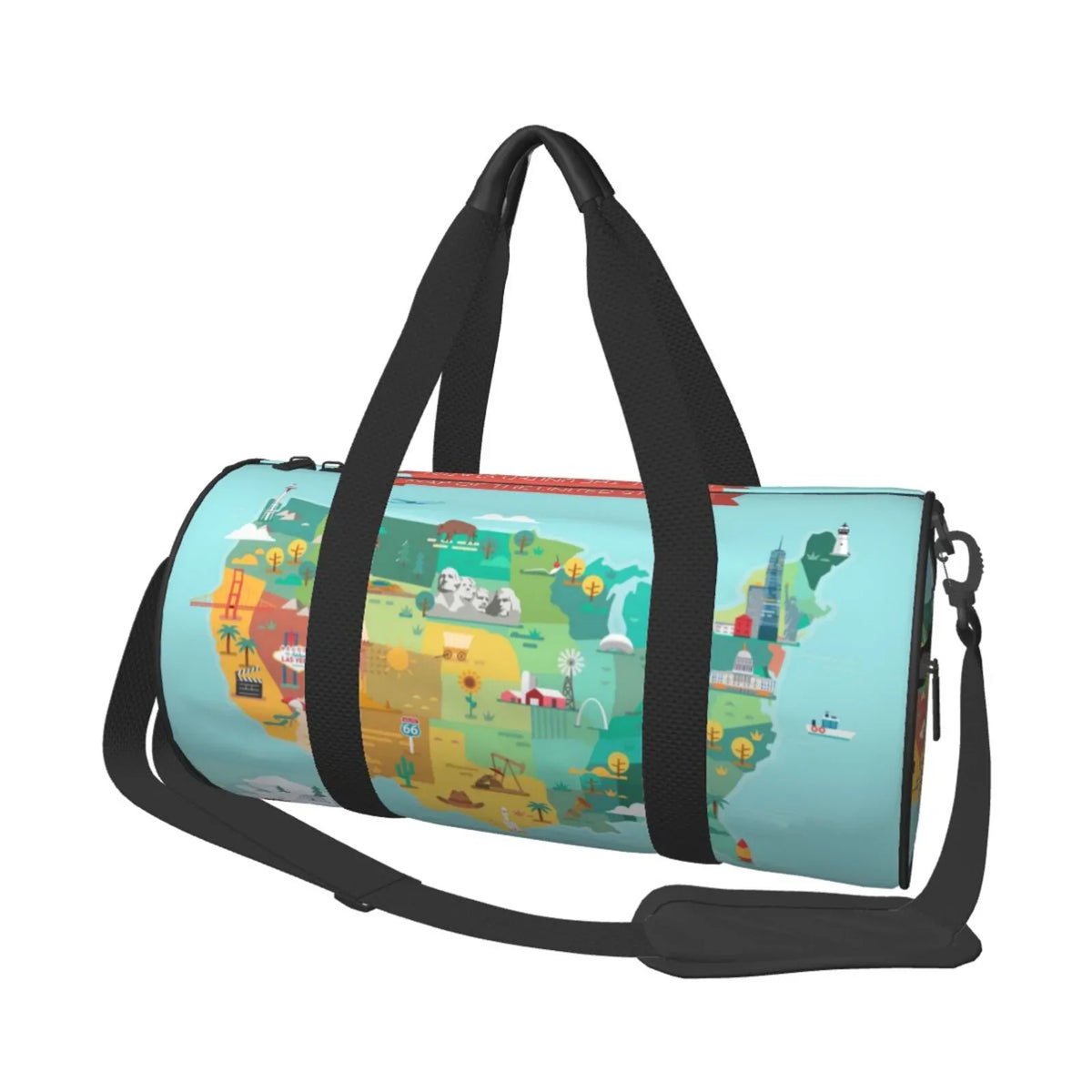 Coaee USA Tourist Map Large Capacity Travel Luggage Bag Cylinder Gym Bag Liquidproof Sports Bag with Pocket and Compartment
