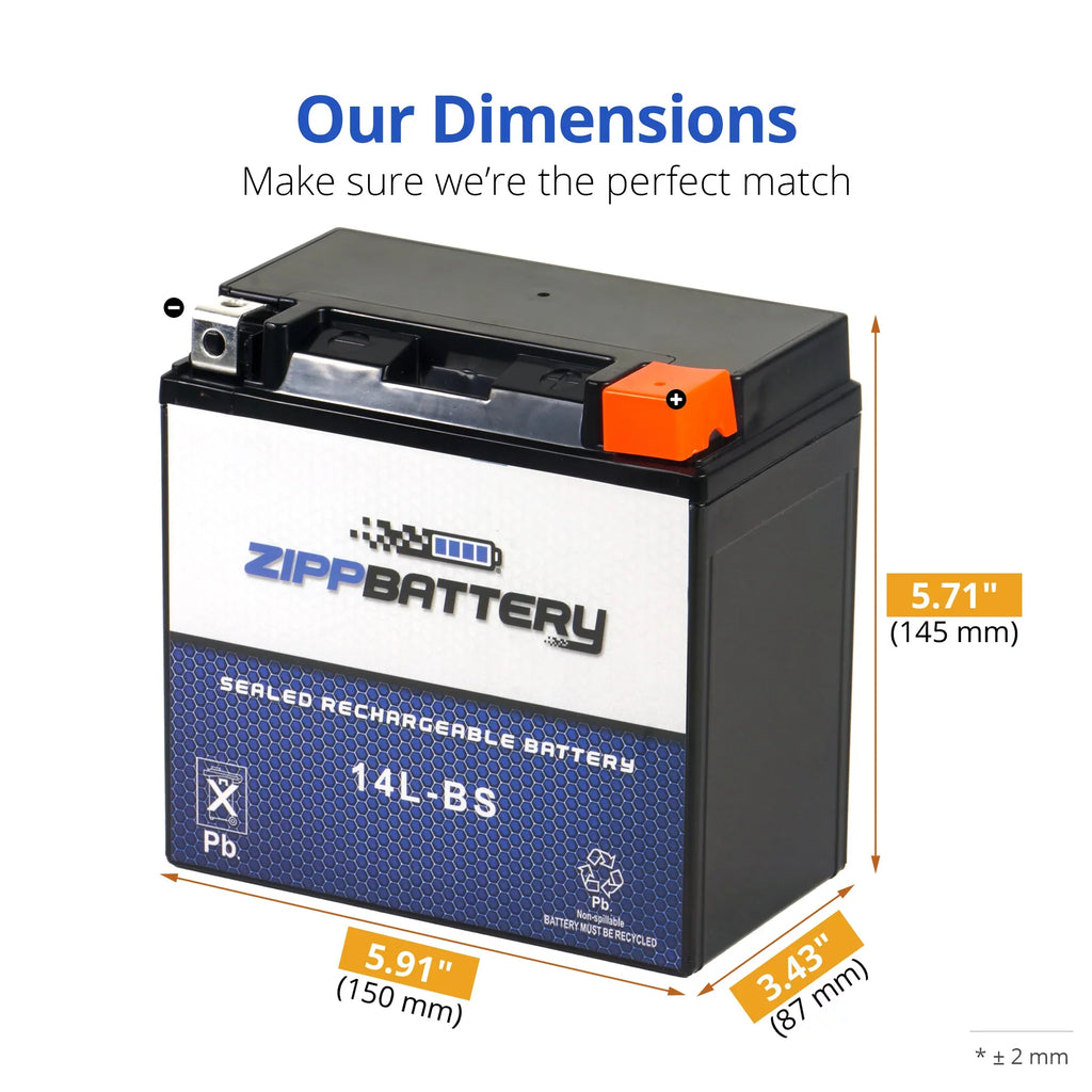 Zipp Battery YTX14-BS (14-BS 12 Volt;12 Ah; 200 CCA) Motorcycle Battery for Honda 1100cc Vt1100c; C3; T Shadow (spirit; Aero; A. C. E. Tourer) 2001