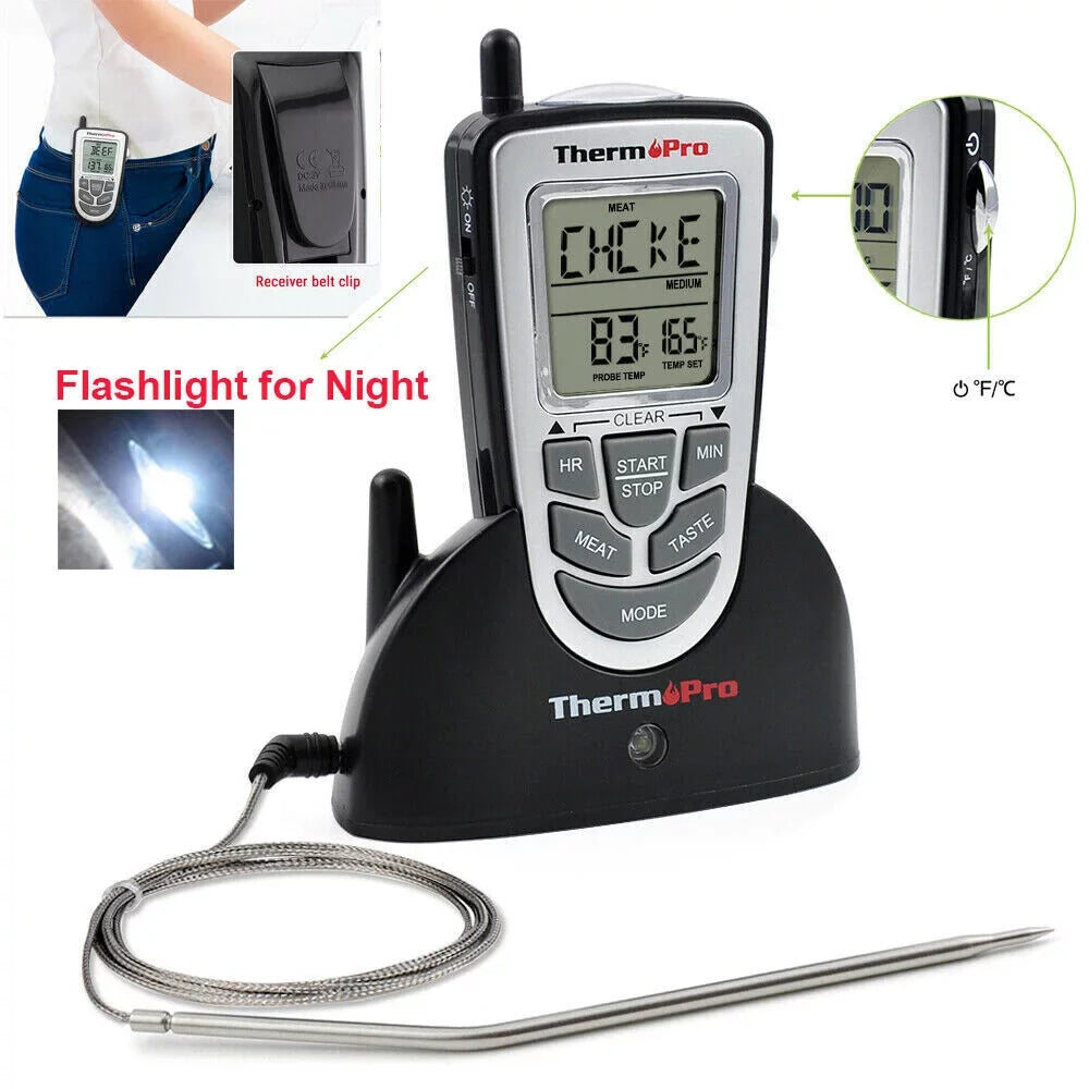 Wireless Remote Thermometer Probe BBQ Grill Meat Kitchen Oven Food Cooking Smoke; ThermoPro; LCD