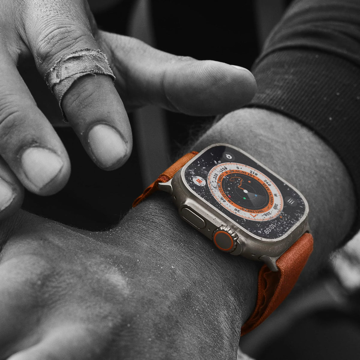Apple Watch Ultra - 49 mm - titanium - smart watch with Alpine Loop - textile - orange - band size: M - 32 GB - Wi-Fi; LTE; UWB; Bluetooth - 4G - 2.16 oz