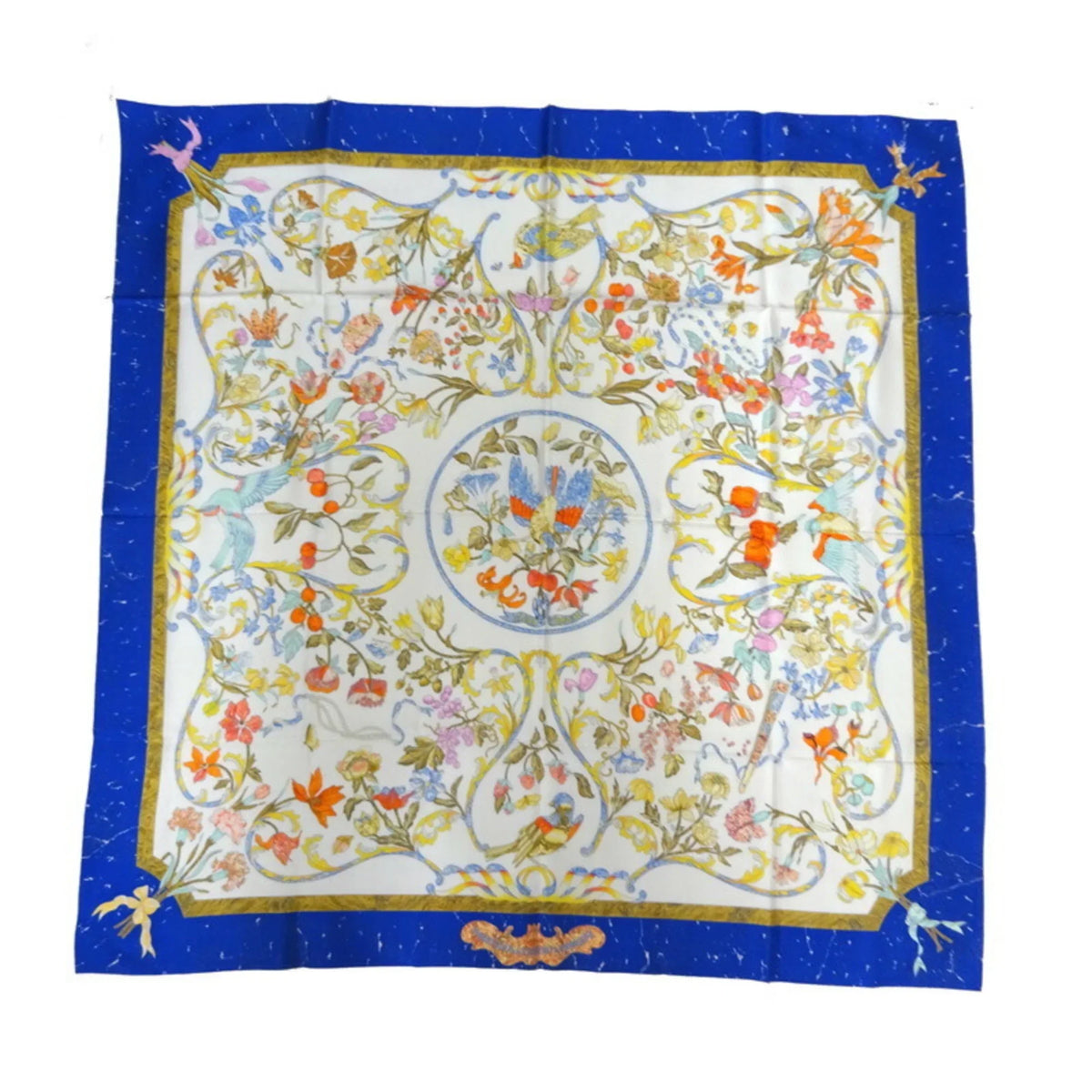 Hermes Carre 90 PIERRES D’ ORIENT ET OCCIDENT Oriental stone and Western stonework Women’s Scarf Muffler 100% Silk White/Blue (Like New)