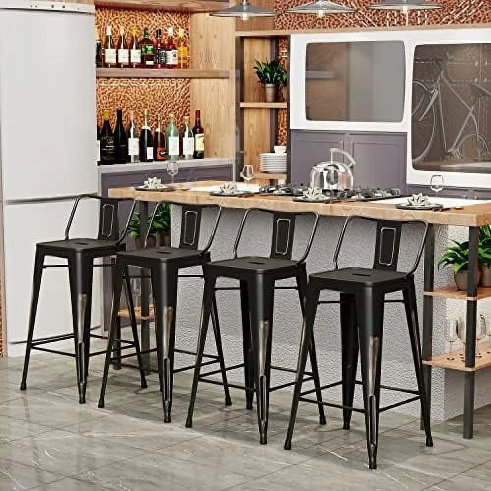 SPBOOMlife Metal Stools Set of 4 Barstools Counter Height Stools with Back Industrial Stools Indoor Outdoor Kitchen Dining Chairs Modern Chairs Distressed Navy Blue 24inch Stools