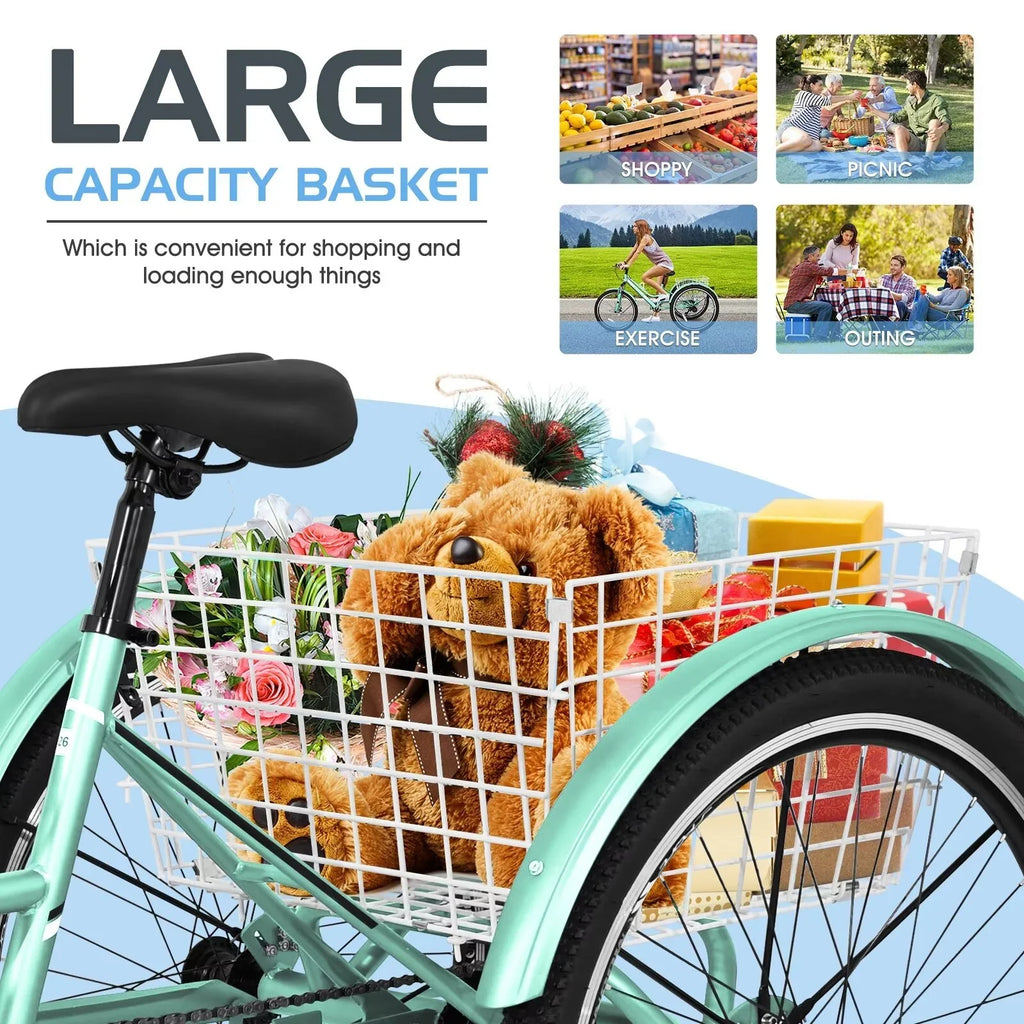 MOPHOTO Adults Mountain Tricycles; 24"/26"/27.5" 7-Speed Heavy Duty Trikes w/Spacious Basket 3-Wheeled Bike for Adventurous Rides; Shopping; Exercise; and Recreation