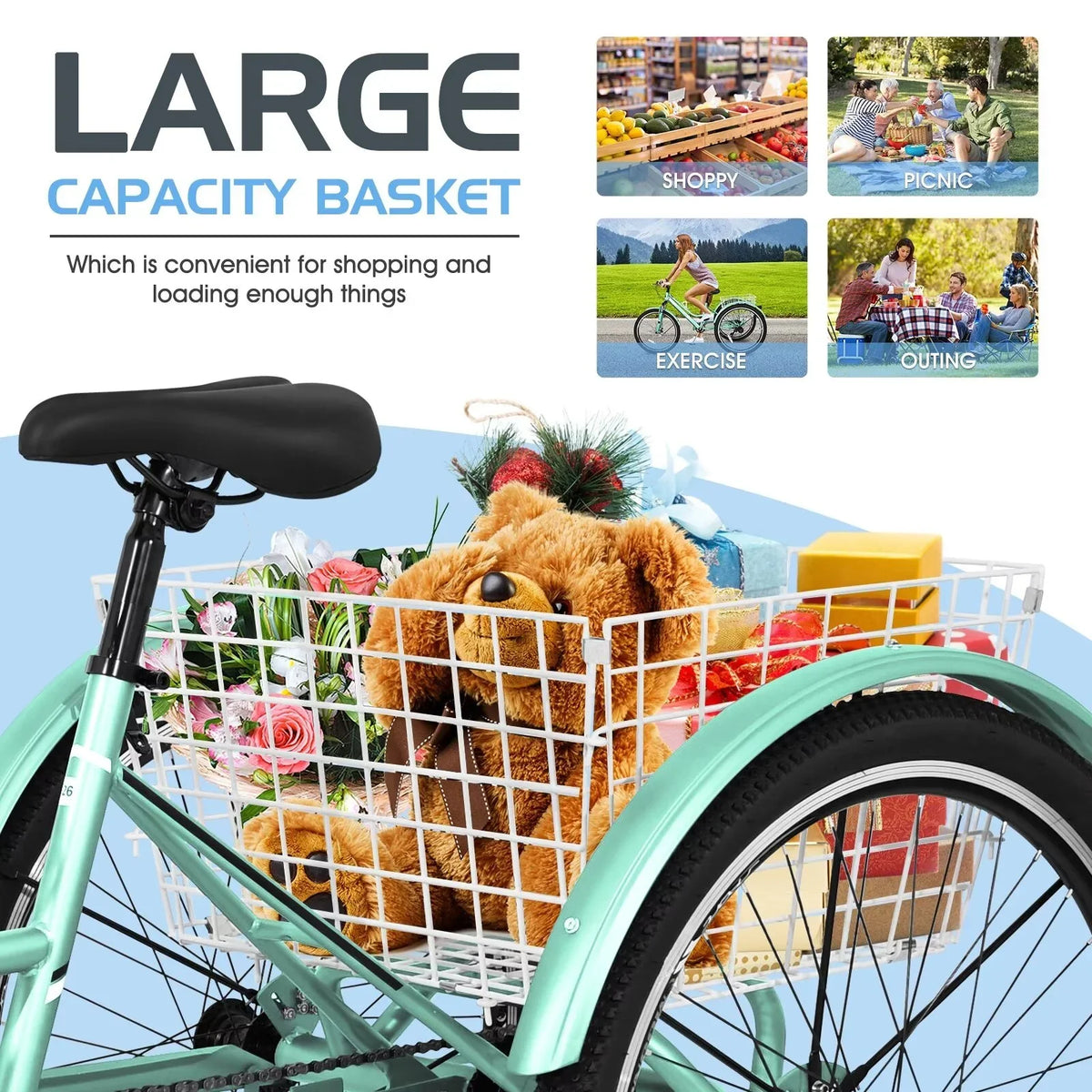 MOPHOTO Adults Mountain Tricycles; 24"/26"/27.5" 7-Speed Heavy Duty Trikes w/Spacious Basket 3-Wheeled Bike for Adventurous Rides; Shopping; Exercise; and Recreation