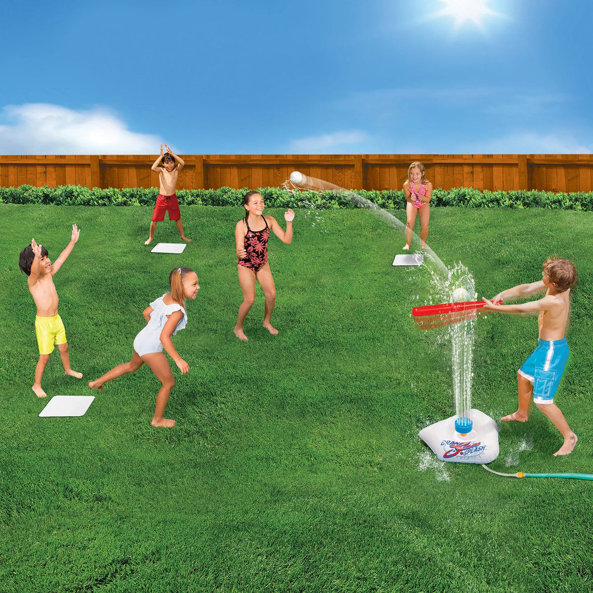 Banzai Splash & Slam Baseball - Tee & Sprinkler Sports Game - Includes Plastic Bat + 2 Plastic Balls + Home Plate & Bases; ; Backyard Batting Practice; Kids Ages 3